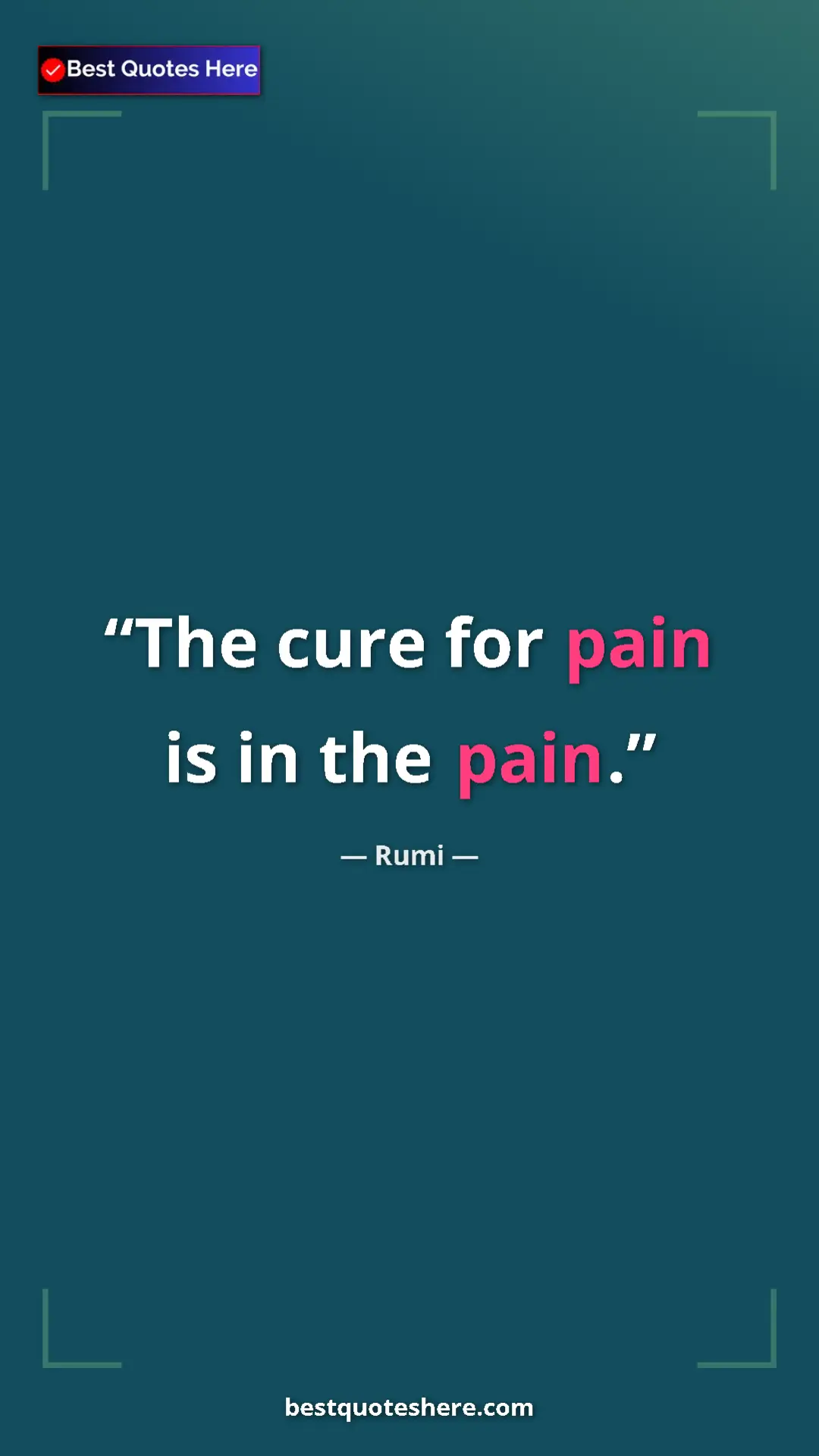 Pinterest quote poster by Rumi: "The cure for pain is in the pain."