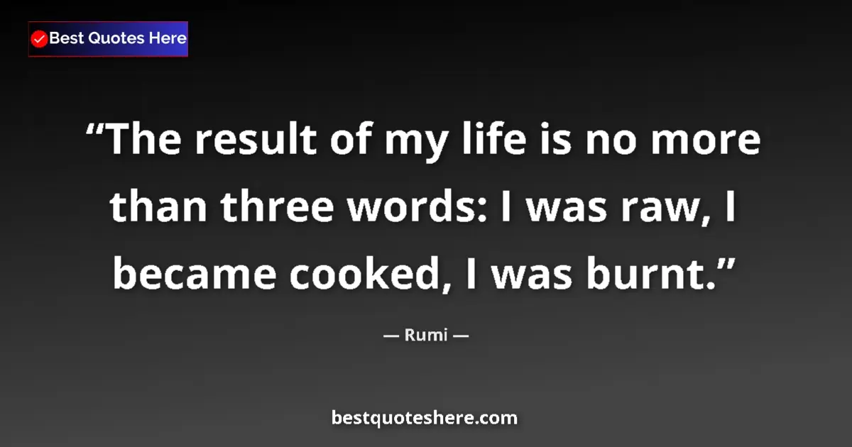 Quote by Rumi: The result of my life is no more than three words: I was raw, I became cooked, I was burnt....