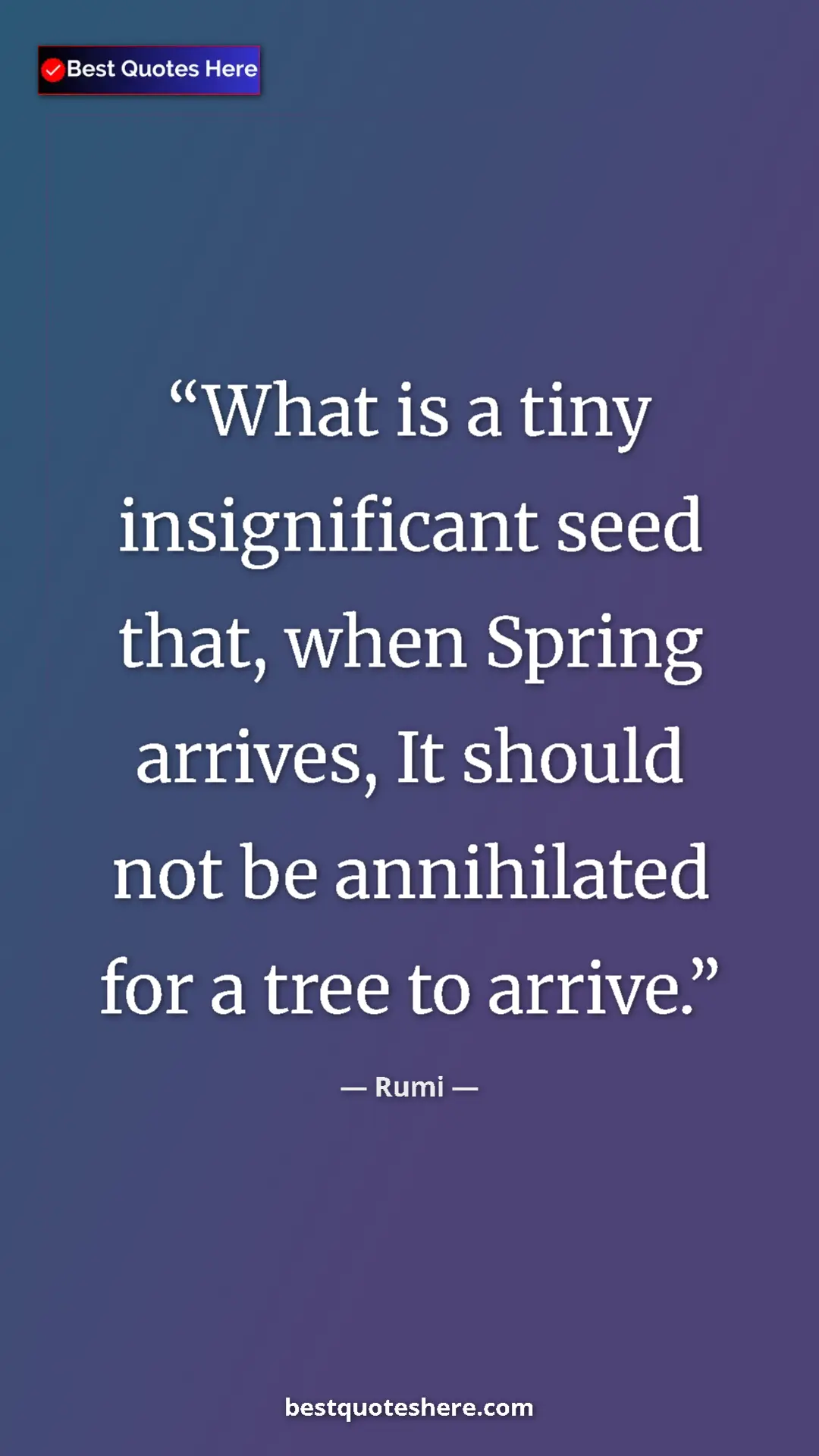 Pinterest quote poster by Rumi: "What is a tiny insignificant seed that, when Spring..."
