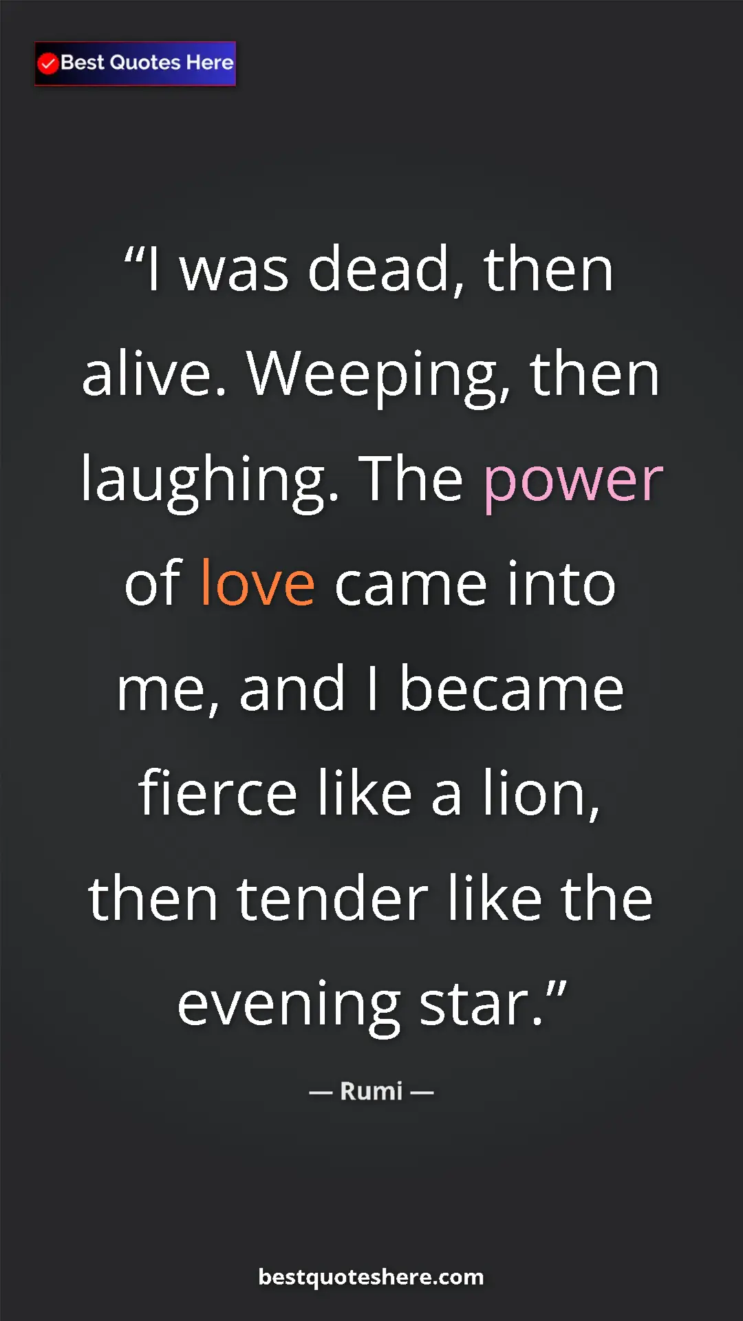 Pinterest quote poster by Rumi: "I was dead, then alive. Weeping, then laughing. The power..."