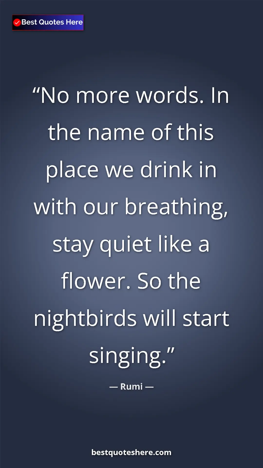 Rumi Quote Card: "No more words. In the name of this place we drink in with..." Pinterest quote poster by Rumi: "No more words. In the name of this place we drink in with..."