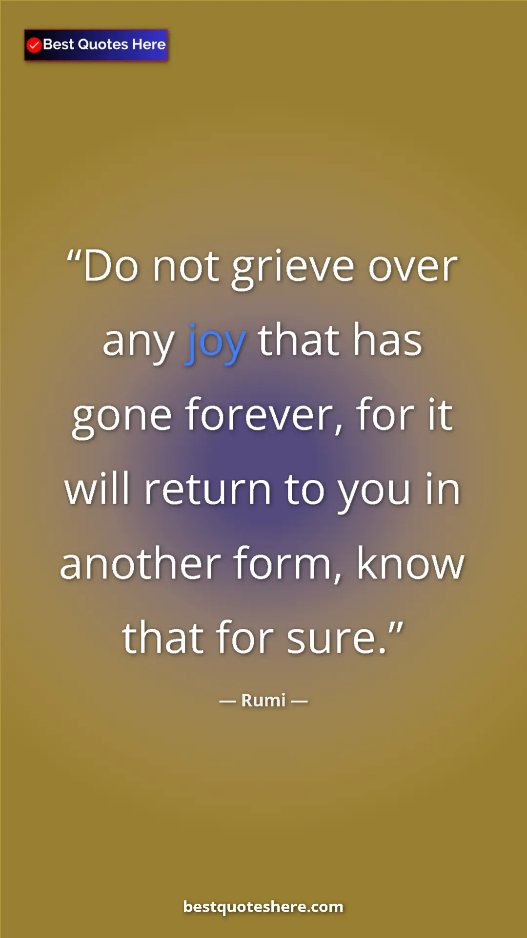 Pinterest quote poster by Rumi: "Do not grieve over any joy that has gone forever, for it..."