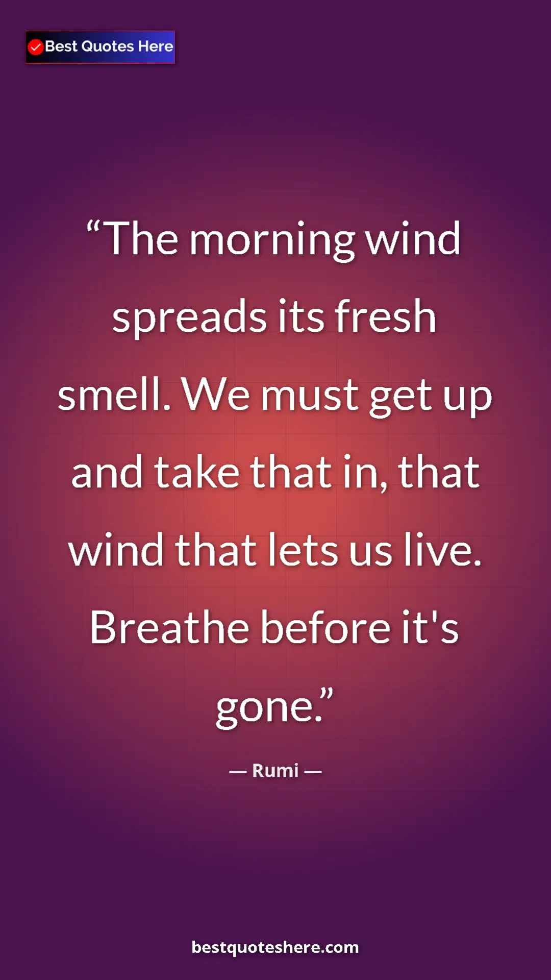 Pinterest quote poster by Rumi: "The morning wind spreads its fresh smell. We must get up..."