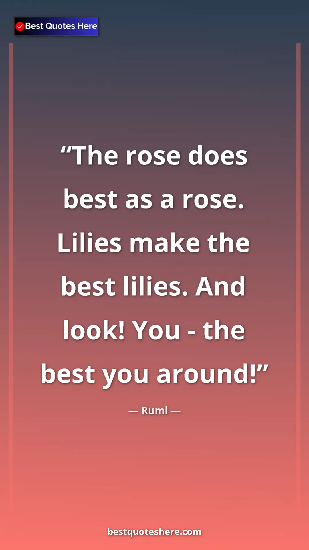 Pinterest quote poster by Rumi: "The rose does best as a rose. Lilies make the best lilies...."