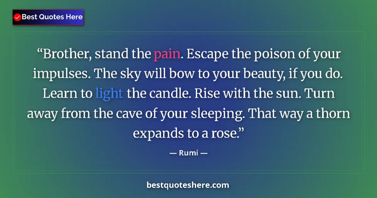 Quote by Rumi: Brother, stand the pain. Escape the poison of your impulses. The sky will bow to your beauty, if you...