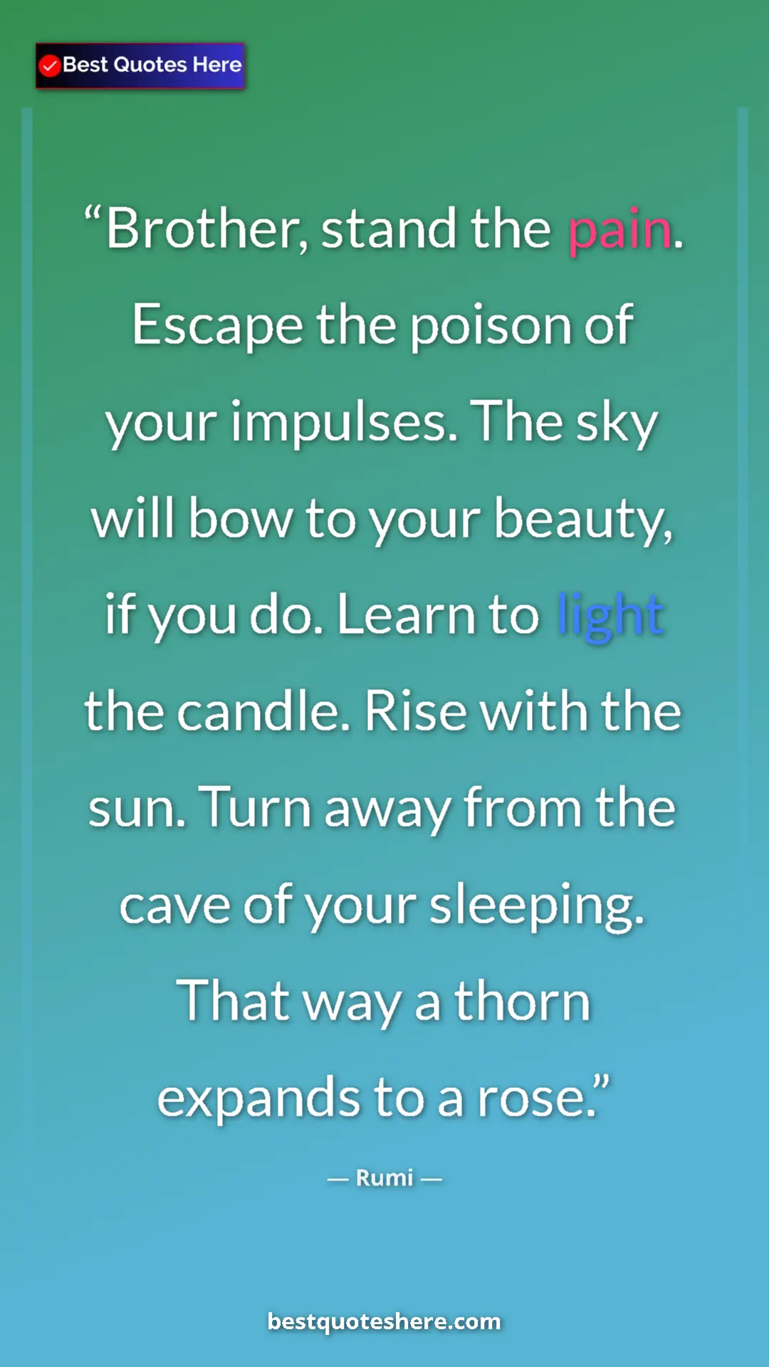 Pinterest quote poster by Rumi: "Brother, stand the pain. Escape the poison of your..."