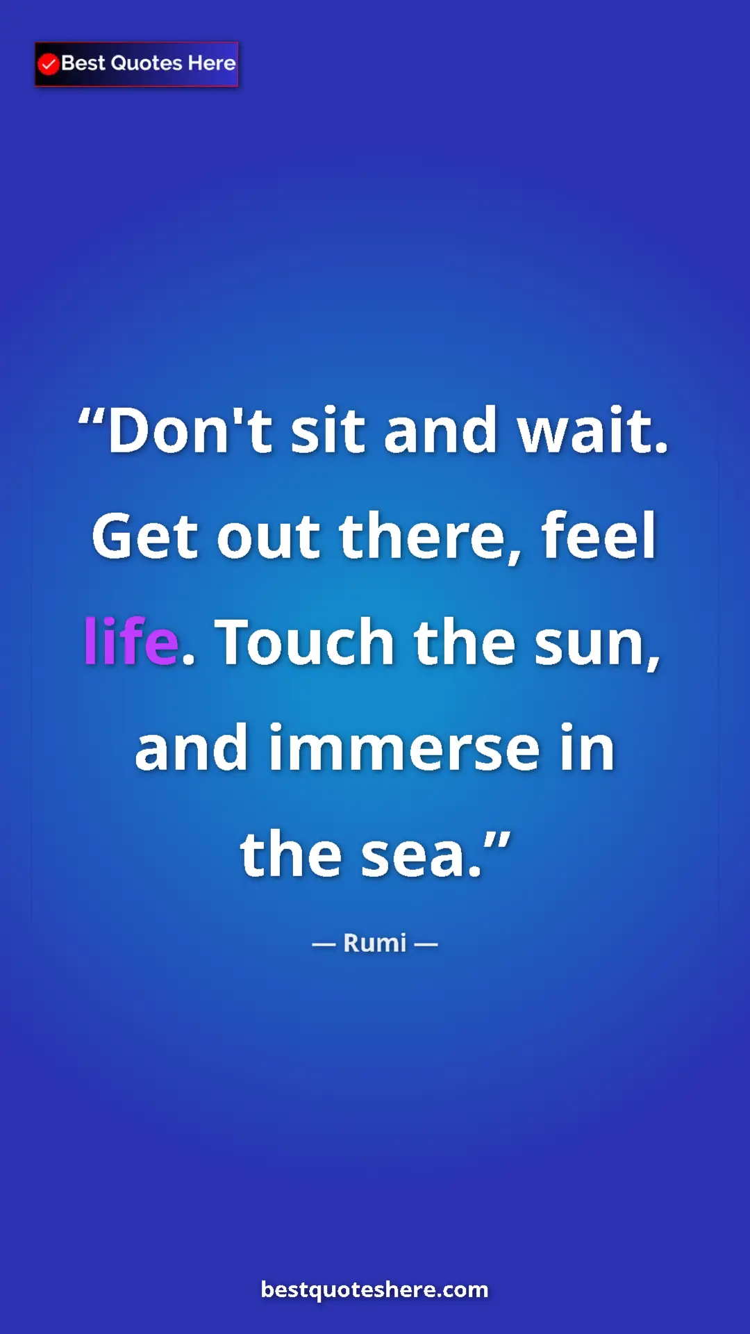 Pinterest quote poster by Rumi: "Don't sit and wait. Get out there, feel life. Touch the..."