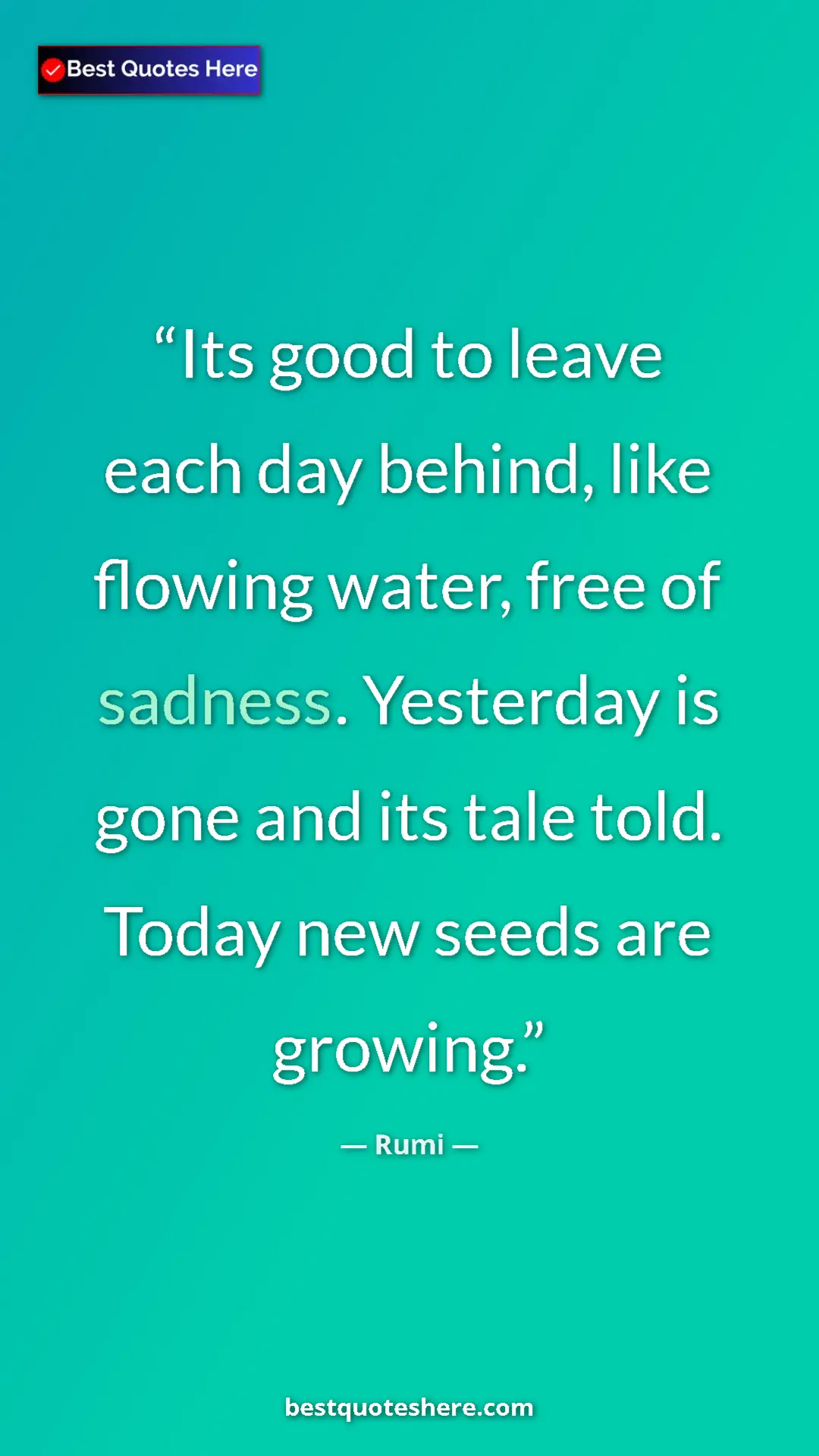 Pinterest quote poster by Rumi: "Its good to leave each day behind, like flowing water, free..."