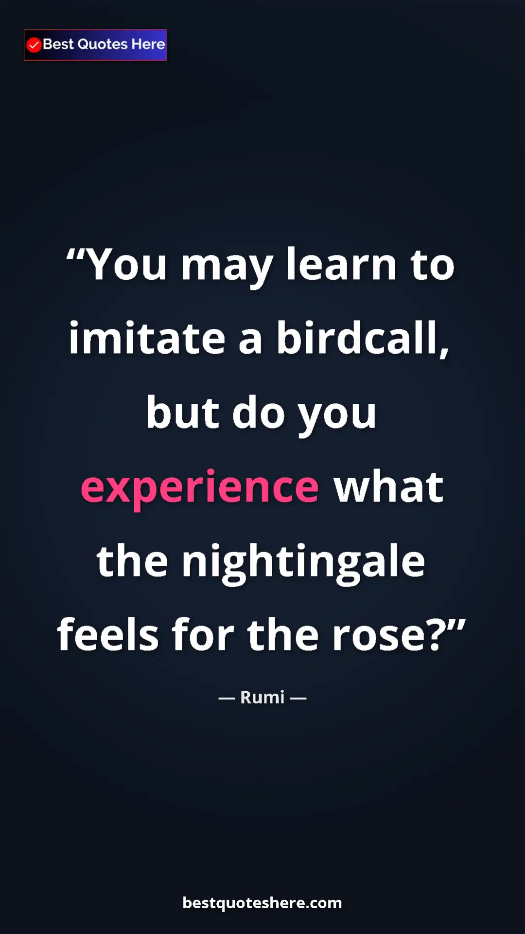 Pinterest quote poster by Rumi: "You may learn to imitate a birdcall, but do you experience..."