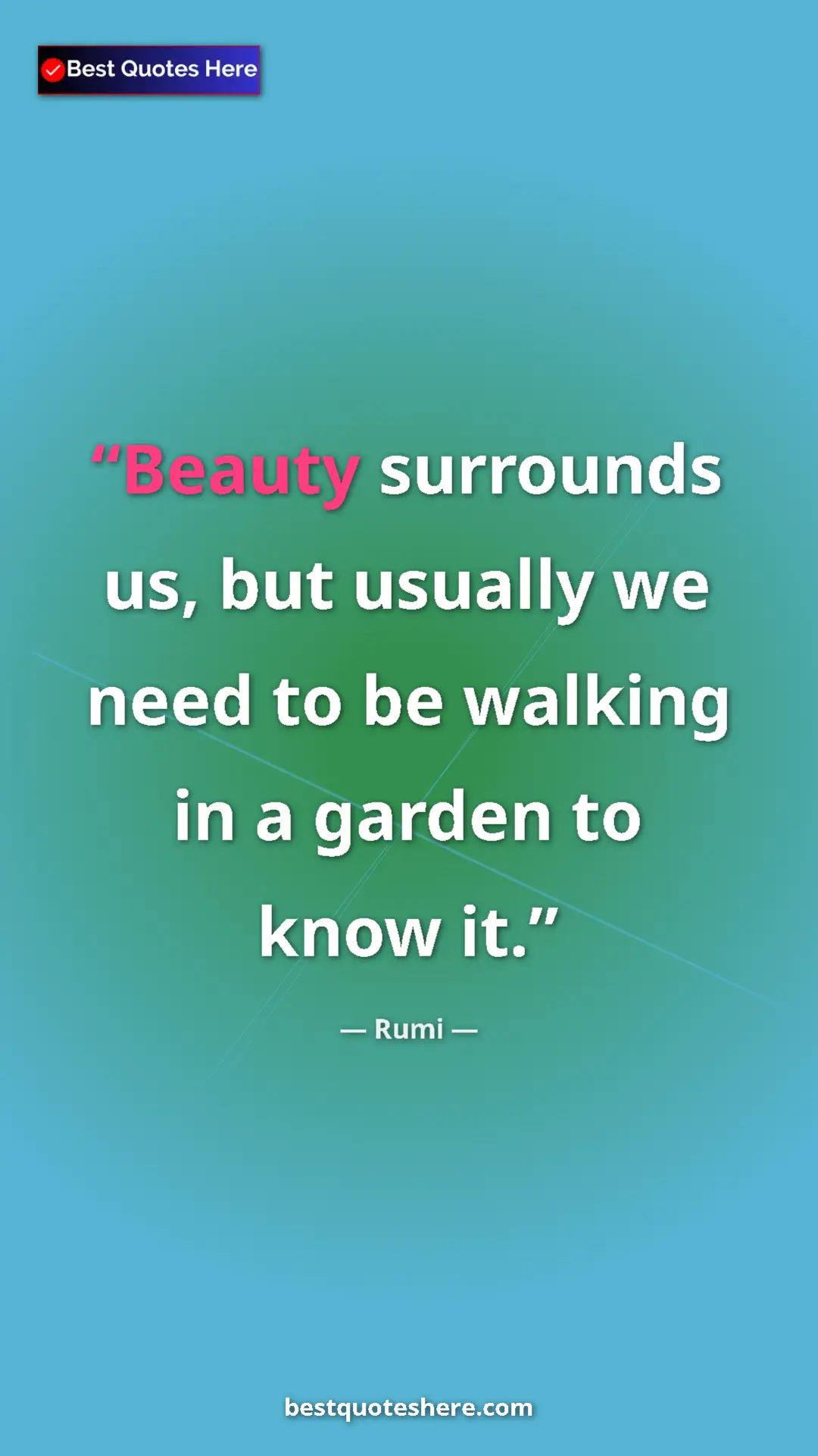Pinterest quote poster by Rumi: "Beauty surrounds us, but usually we need to be walking in a..."