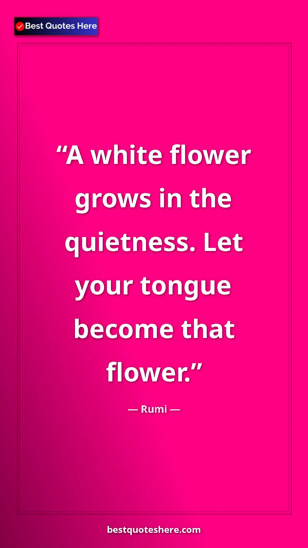 Pinterest quote poster by Rumi: "A white flower grows in the quietness. Let your tongue..."