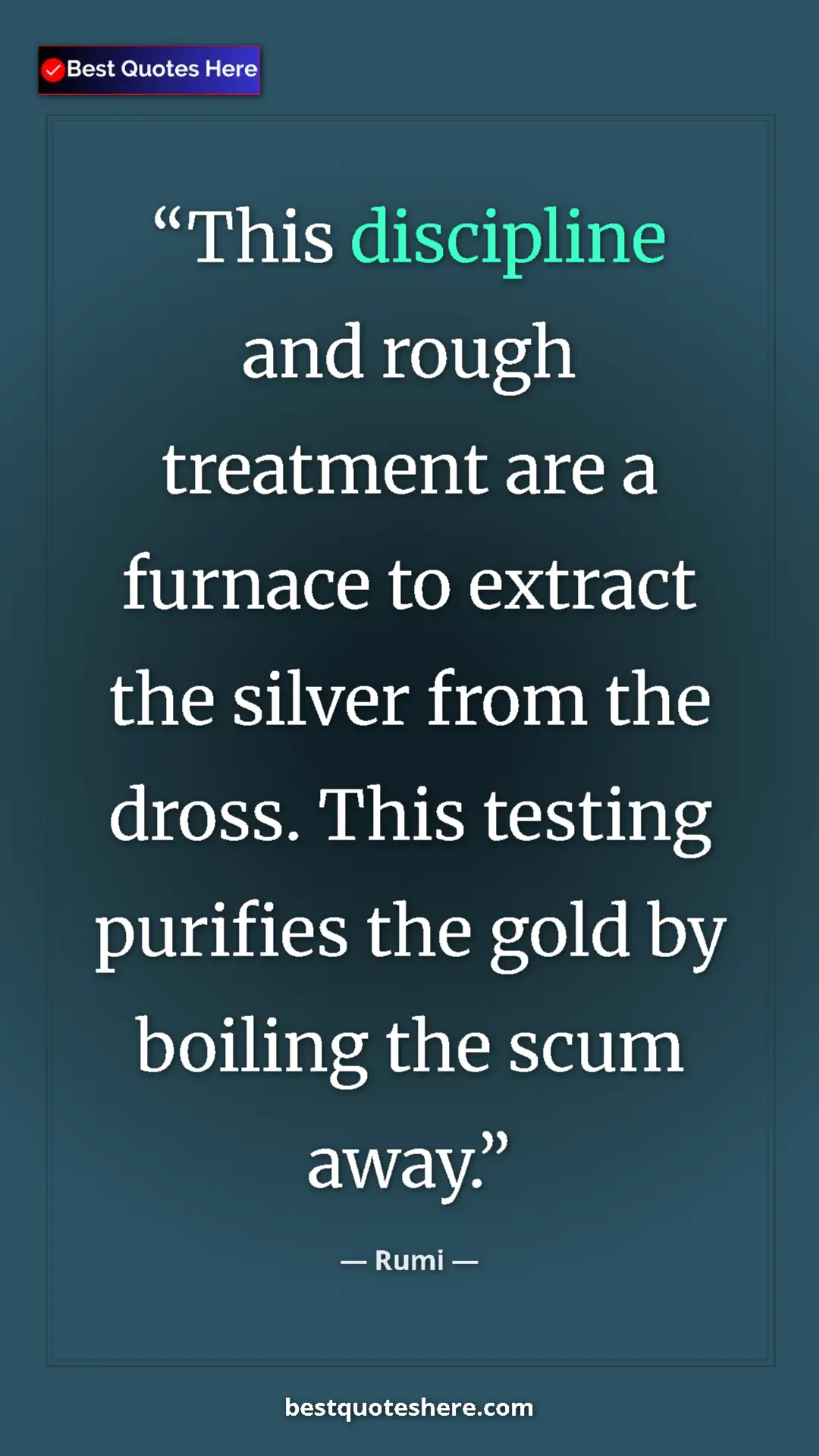 Pinterest quote poster by Rumi: "This discipline and rough treatment are a furnace to..."