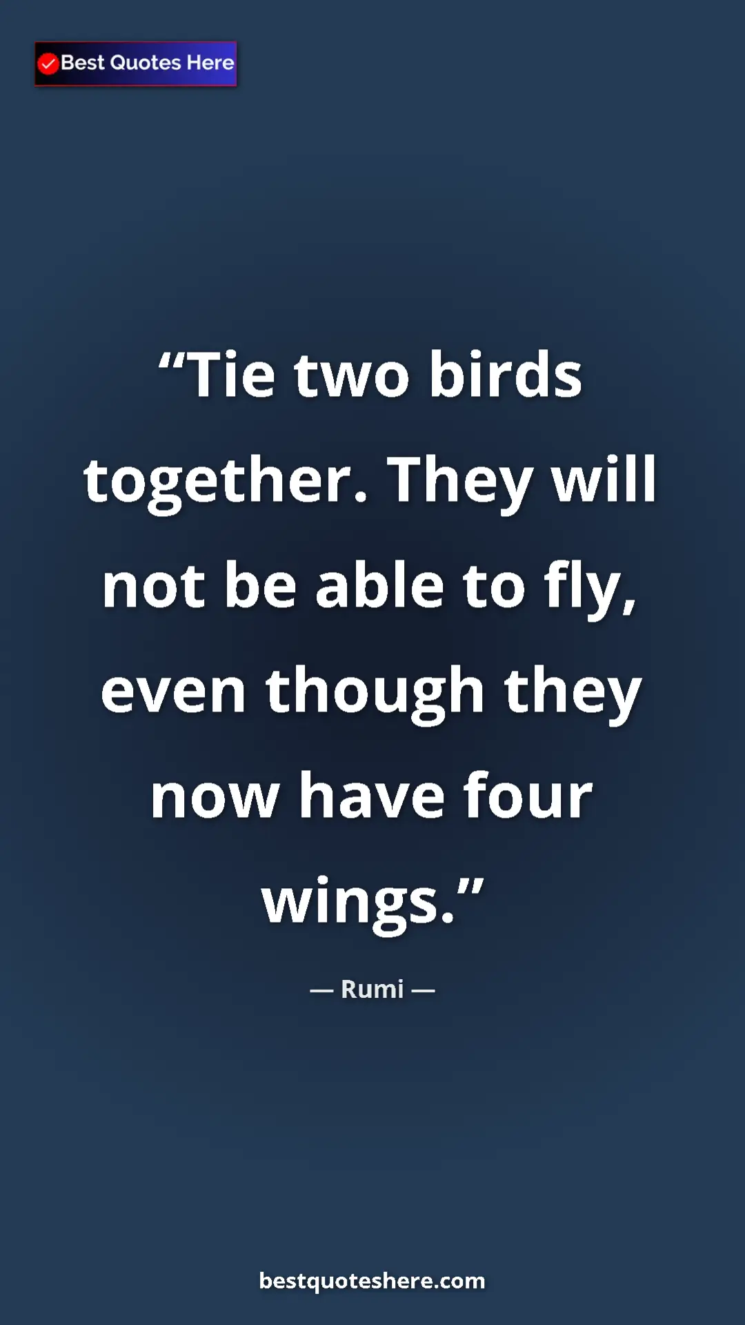 Pinterest quote poster by Rumi: "Tie two birds together. They will not be able to fly, even..."