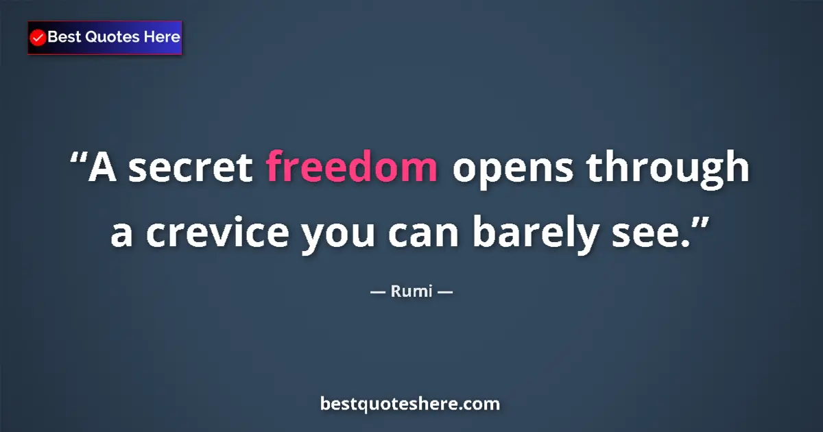Quote by Rumi: A secret freedom opens through a crevice you can barely see....