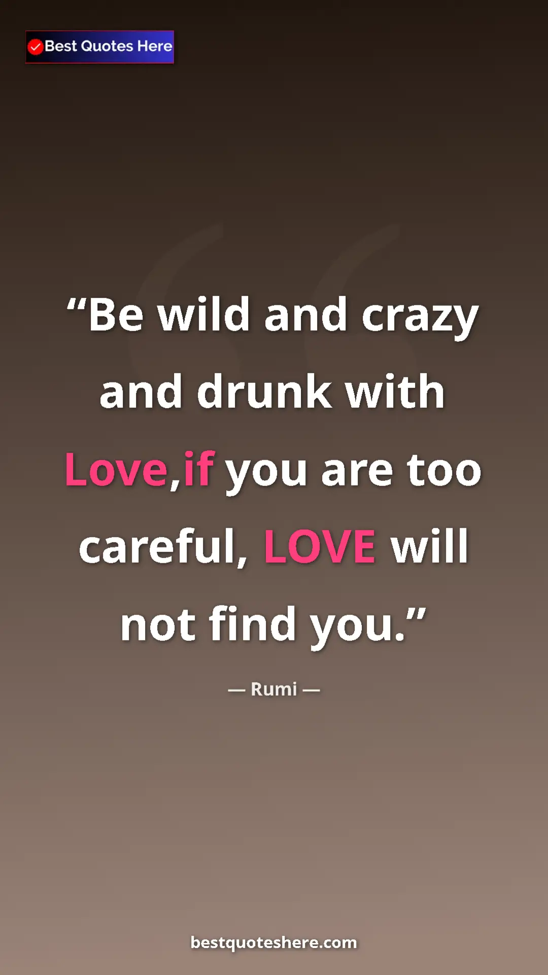 Pinterest quote poster by Rumi: "Be wild and crazy and drunk with Love,if you are too..."