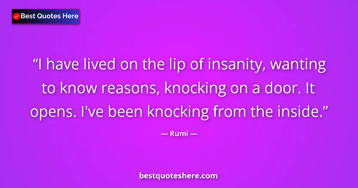 Quote by Rumi: I have lived on the lip of insanity, wanting to know reasons, knocking on a door. It opens. I've bee...