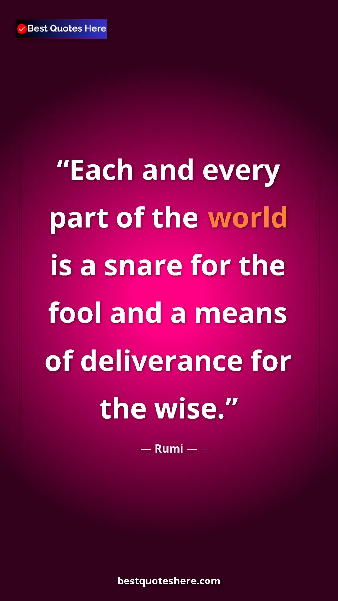 Pinterest quote poster by Rumi: "Each and every part of the world is a snare for the fool..."