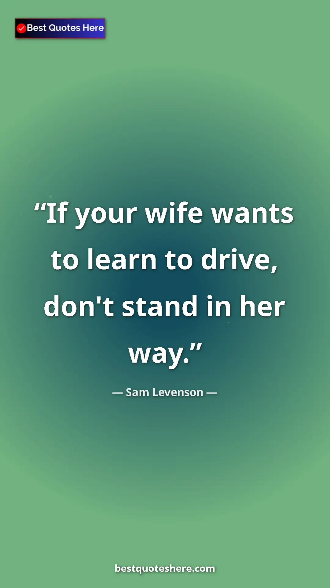Pinterest quote poster by Sam Levenson: "If your wife wants to learn to drive, don't stand in her..."