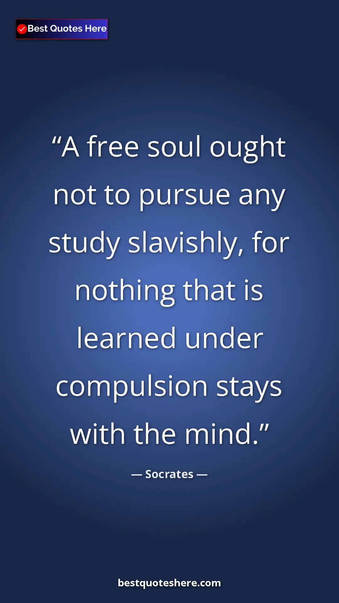 Pinterest quote poster by Socrates: "A free soul ought not to pursue any study slavishly, for..."