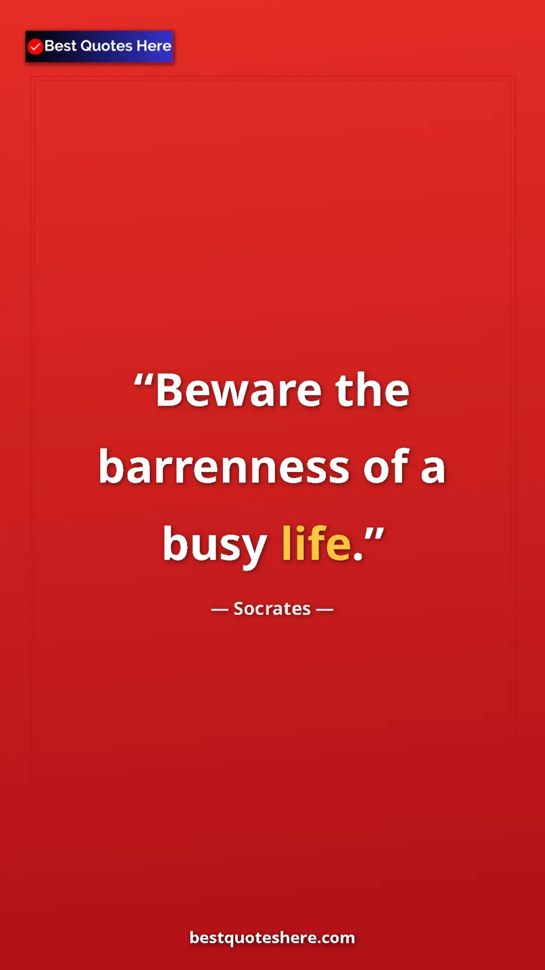 Pinterest quote poster by Socrates: "Beware the barrenness of a busy life."