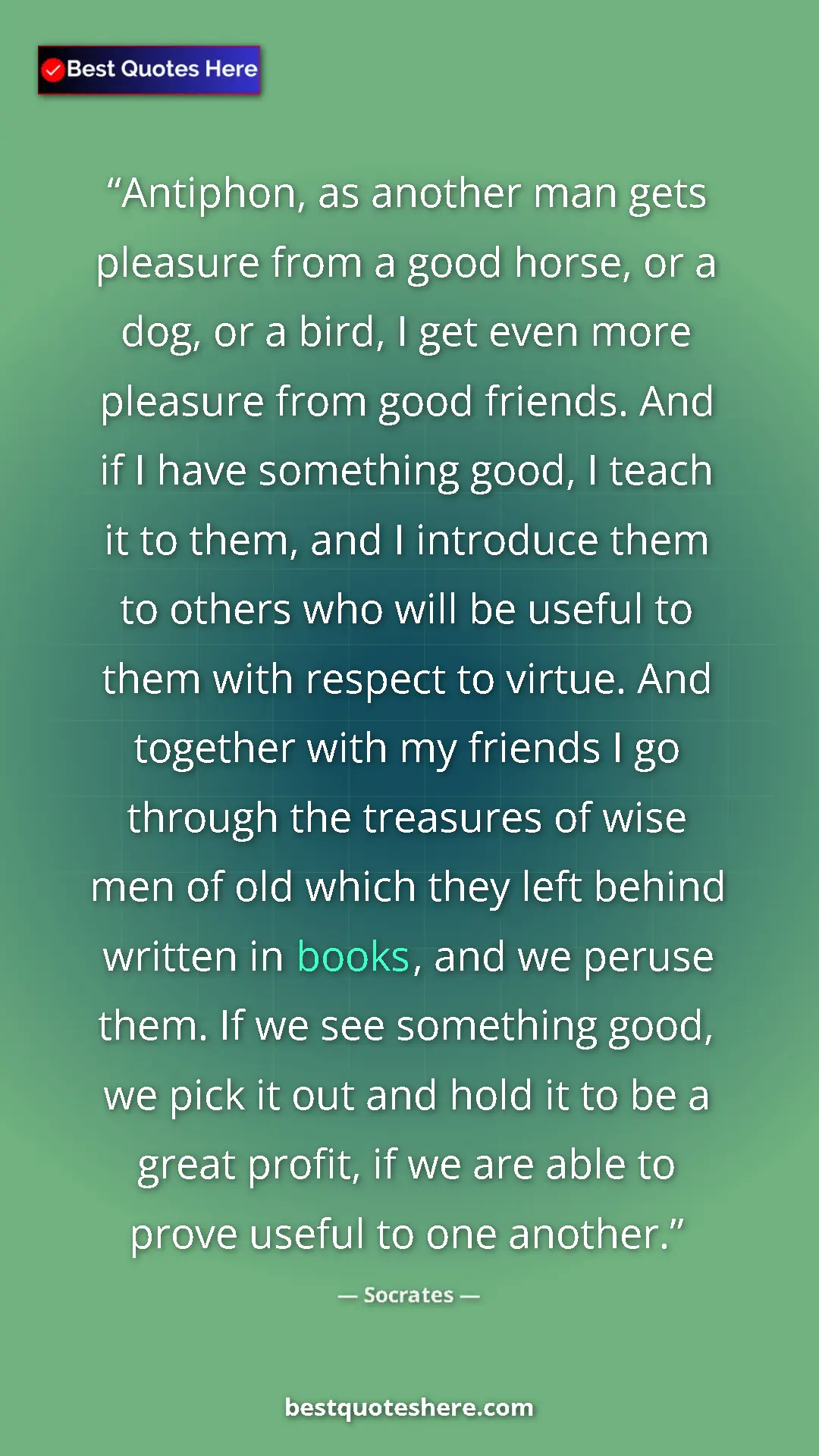 Pinterest quote poster by Socrates: "Antiphon, as another man gets pleasure from a good horse,..."