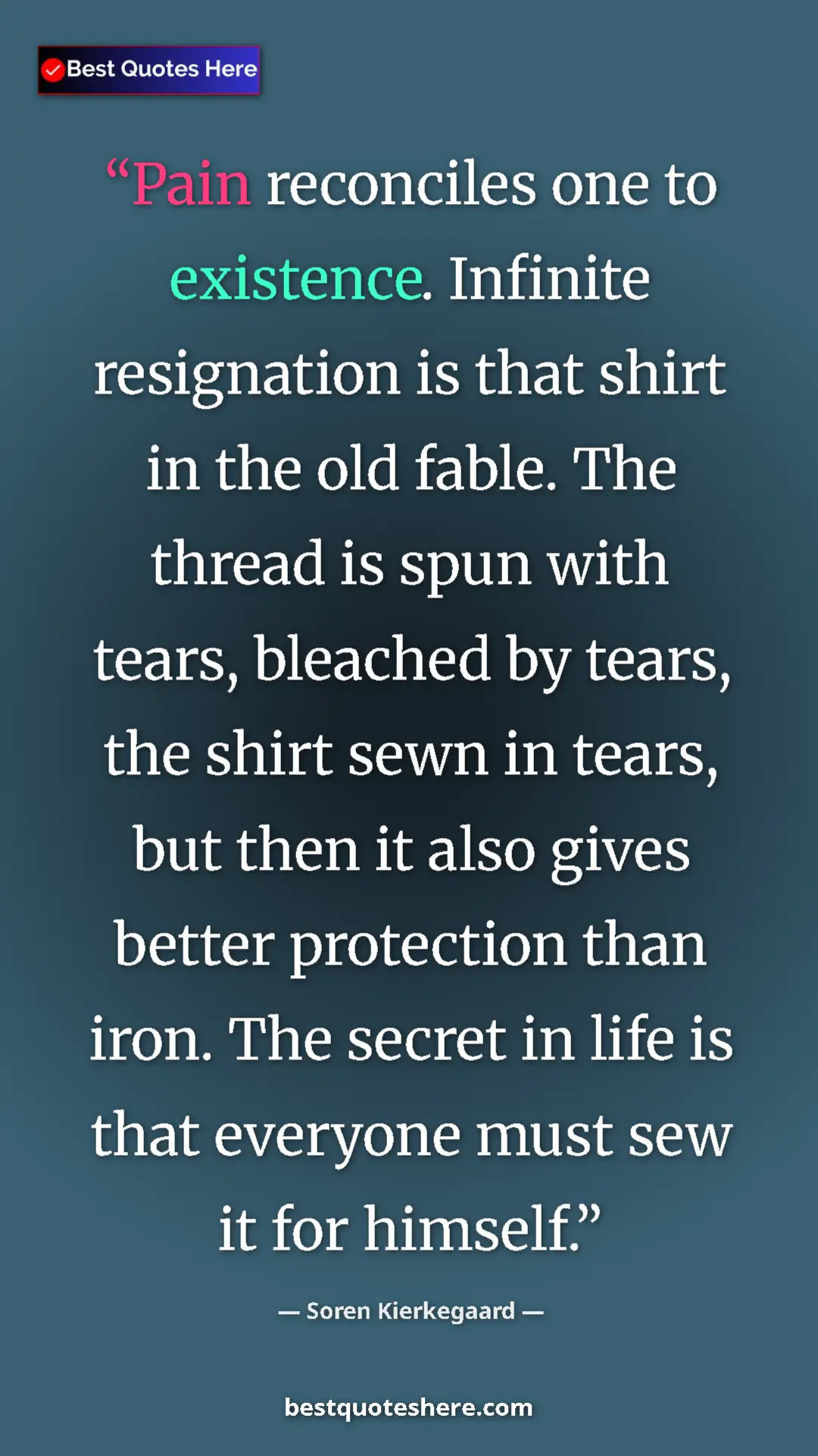 Pinterest quote poster by Soren Kierkegaard: "Pain reconciles one to existence. Infinite resignation is..."