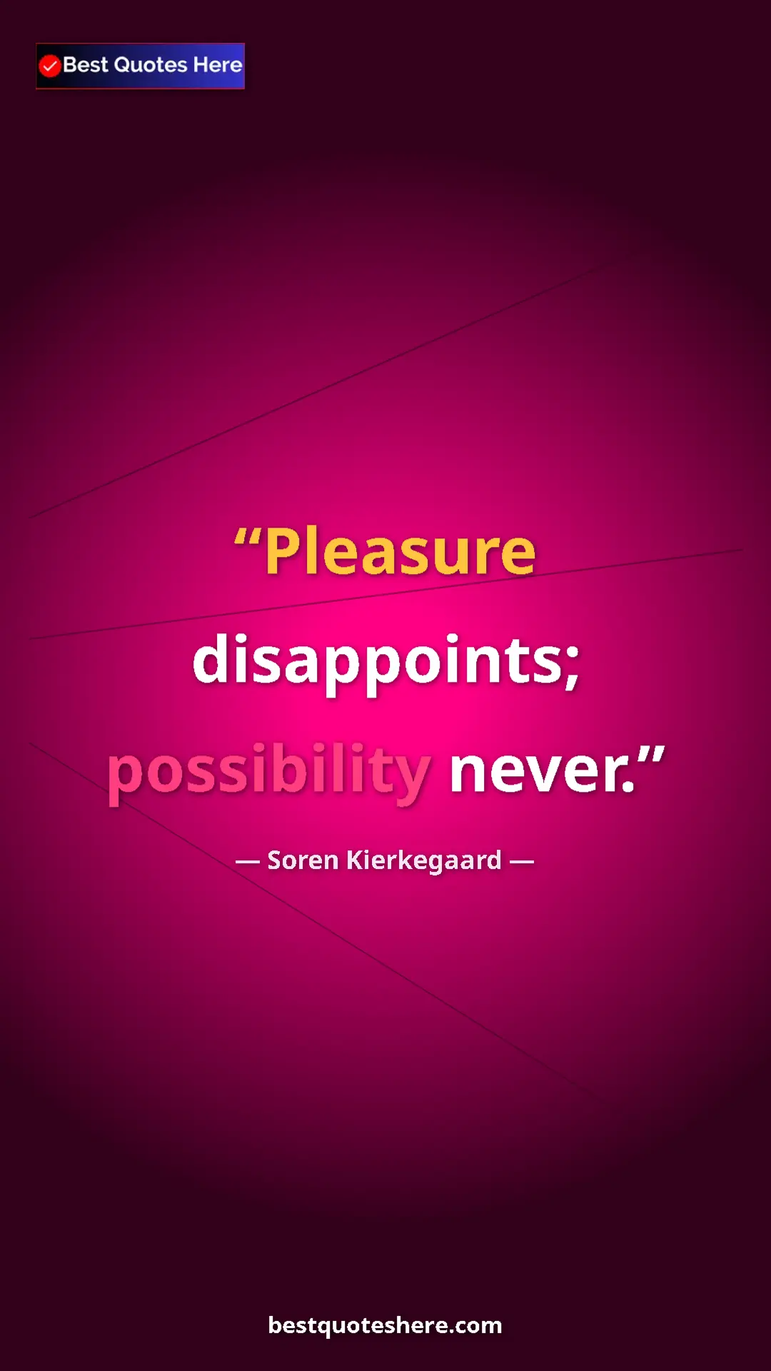 Pinterest quote poster by Soren Kierkegaard: "Pleasure disappoints; possibility never."