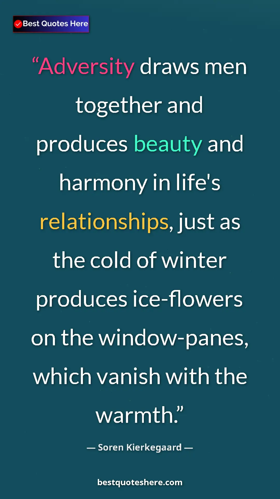 Pinterest quote poster by Soren Kierkegaard: "Adversity draws men together and produces beauty and..."