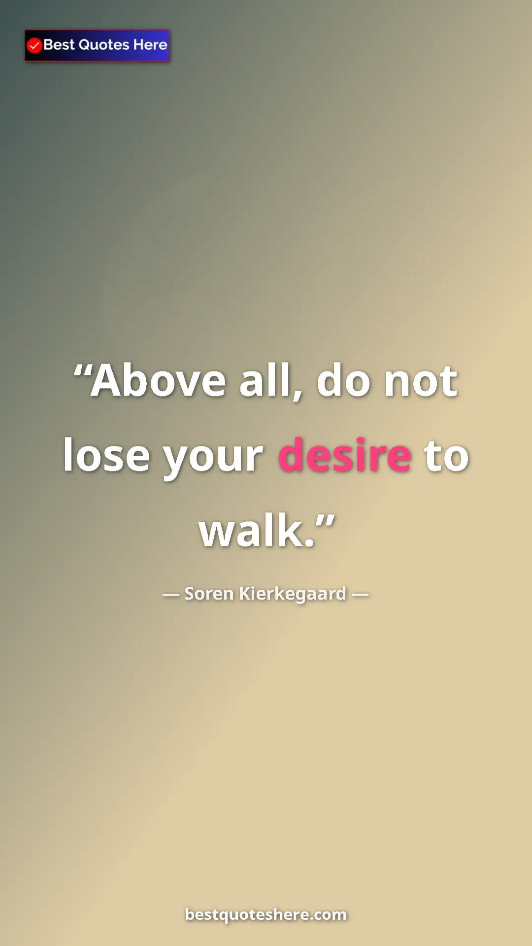 Pinterest quote poster by Soren Kierkegaard: "Above all, do not lose your desire to walk."