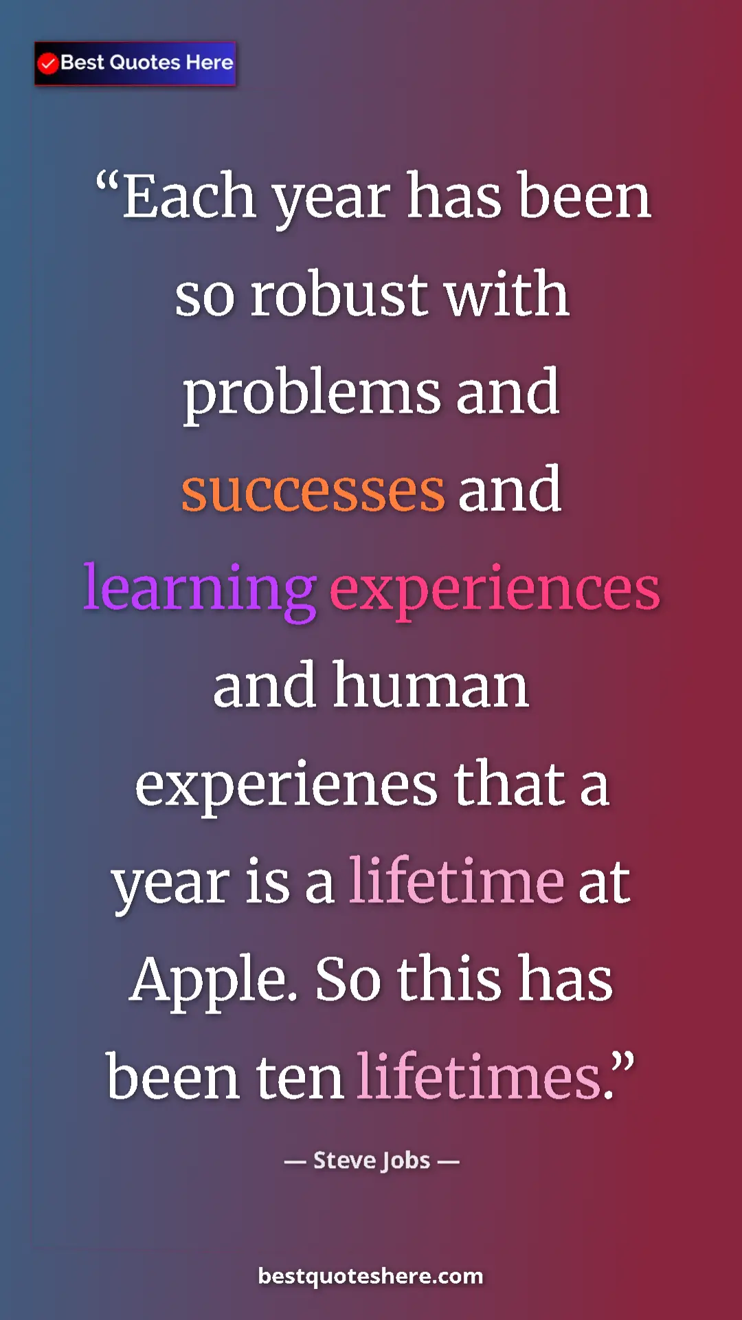 Steve Jobs Quote Card: "Each year has been so robust with problems and successes..." Pinterest quote poster by Steve Jobs: "Each year has been so robust with problems and successes..."