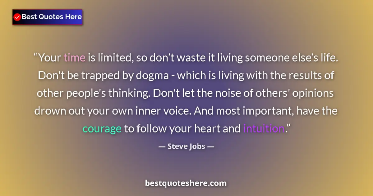 Quote by Steve Jobs: Your time is limited, so don't waste it living someone else's life. Don't be trapped by dogma - whic...