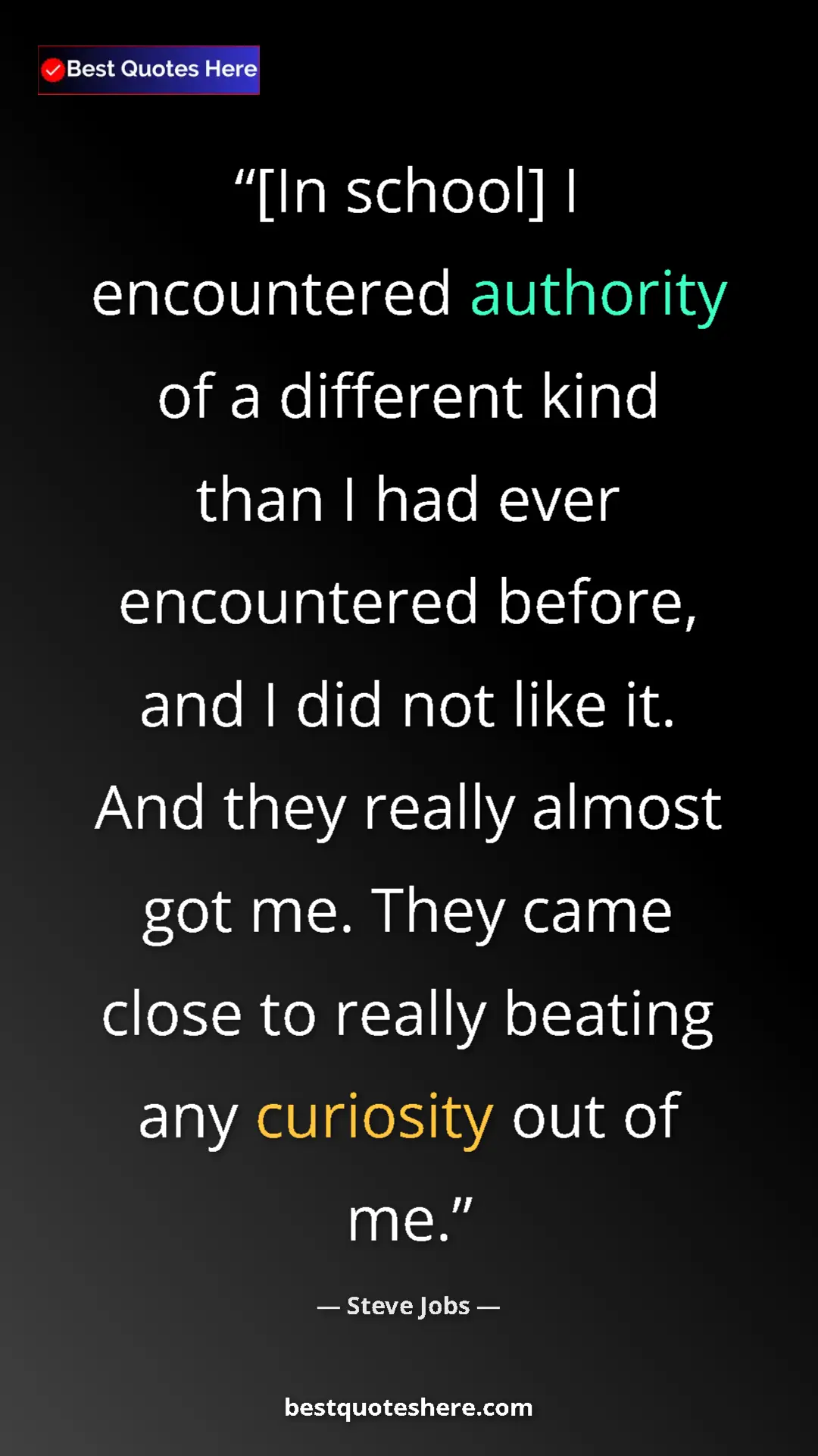 Pinterest quote poster by Steve Jobs: "[In school] I encountered authority of a different kind..."
