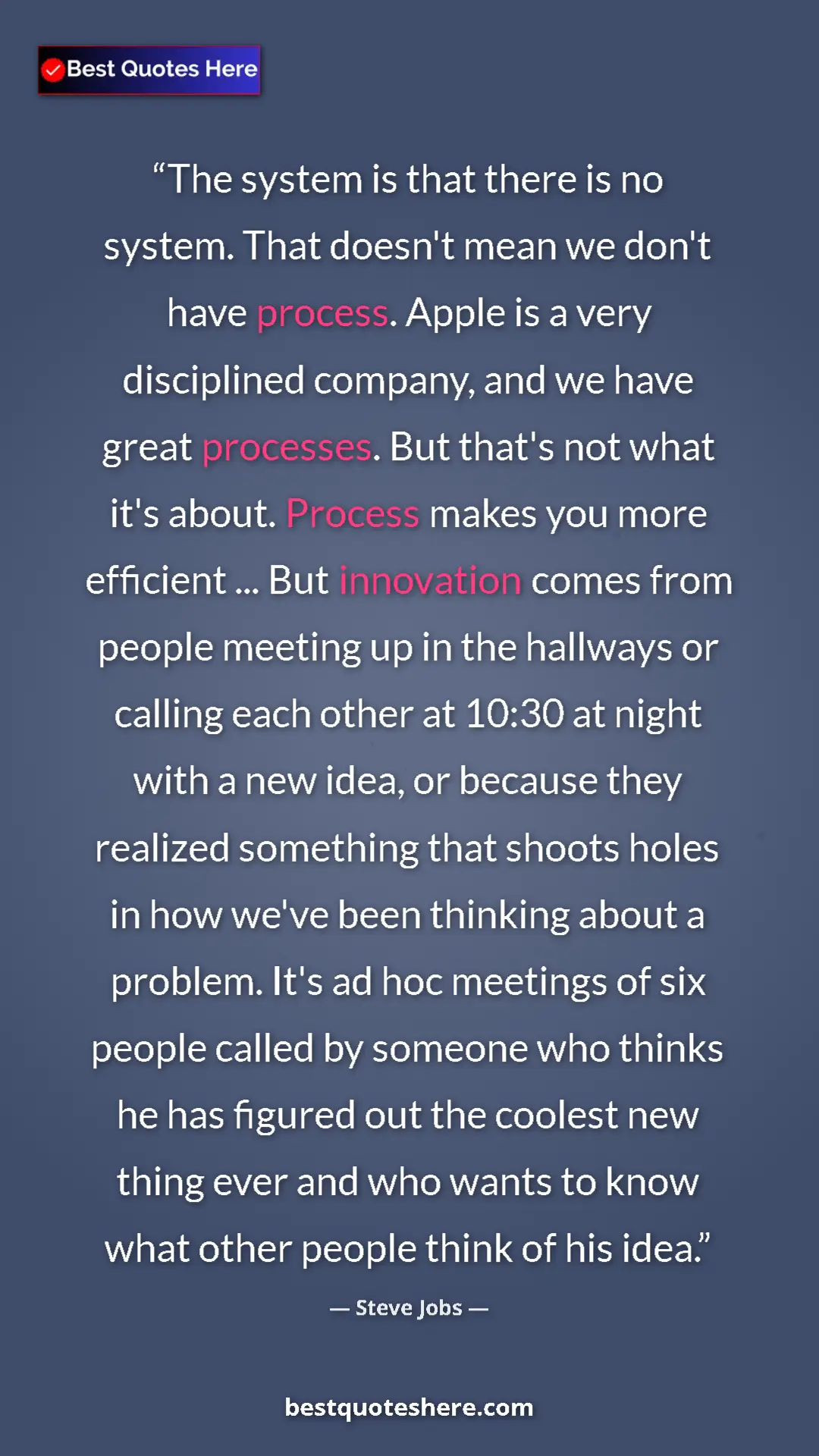 Pinterest quote poster by Steve Jobs: "The system is that there is no system. That doesn't mean we..."