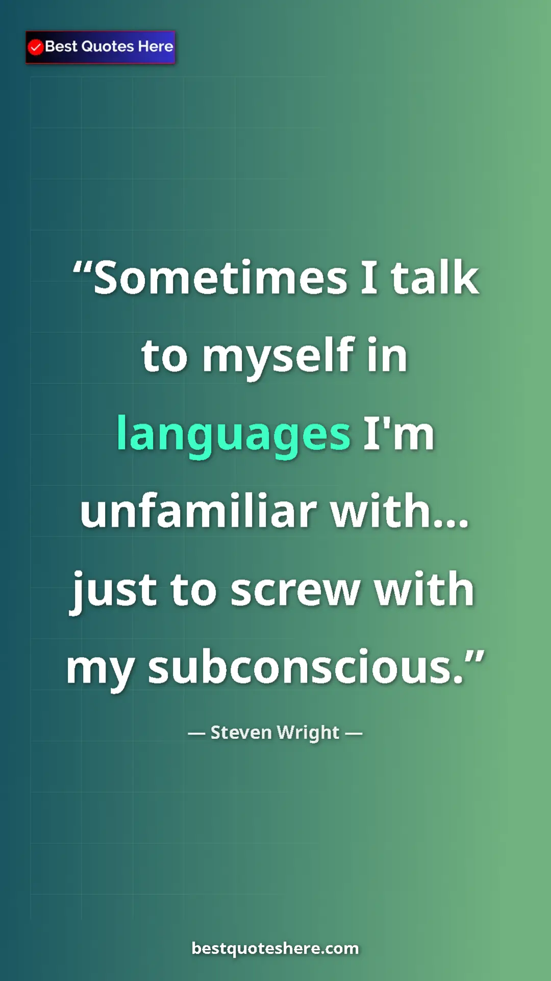 Pinterest quote poster by Steven Wright: "Sometimes I talk to myself in languages I'm unfamiliar..."