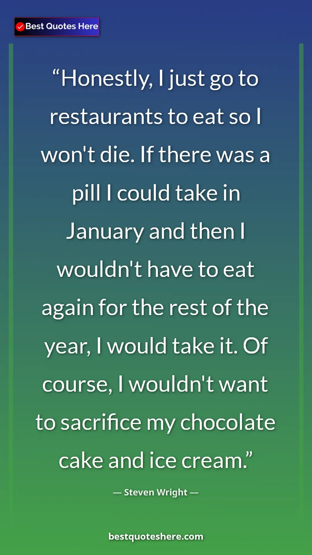 Steven Wright Quote Card: "Honestly, I just go to restaurants to eat so I won't die...." Pinterest quote poster by Steven Wright: "Honestly, I just go to restaurants to eat so I won't die...."