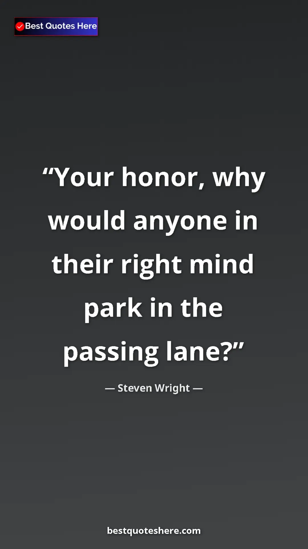 Pinterest quote poster by Steven Wright: "Your honor, why would anyone in their right mind park in..."