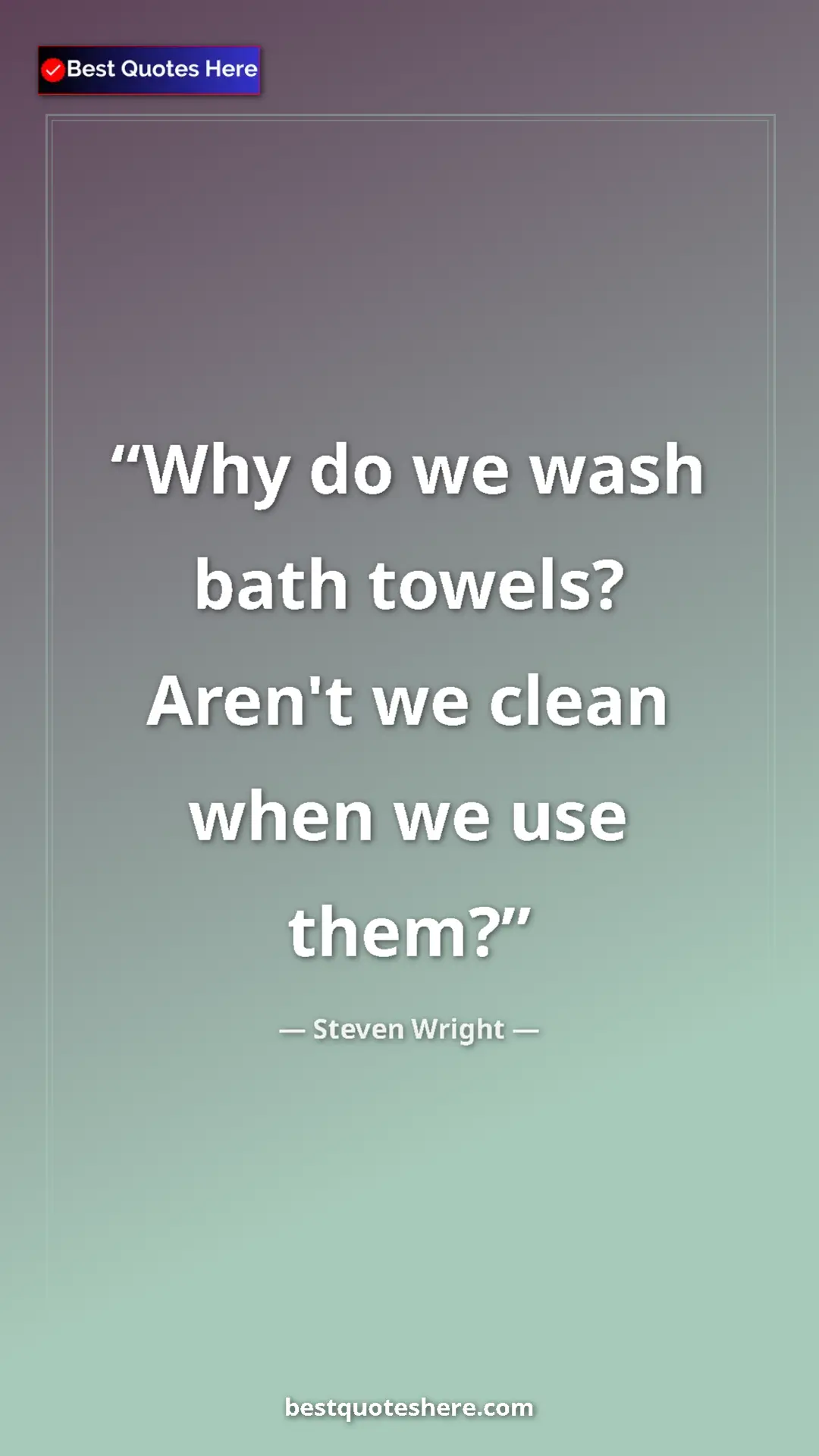 Pinterest quote poster by Steven Wright: "Why do we wash bath towels? Aren't we clean when we use..."