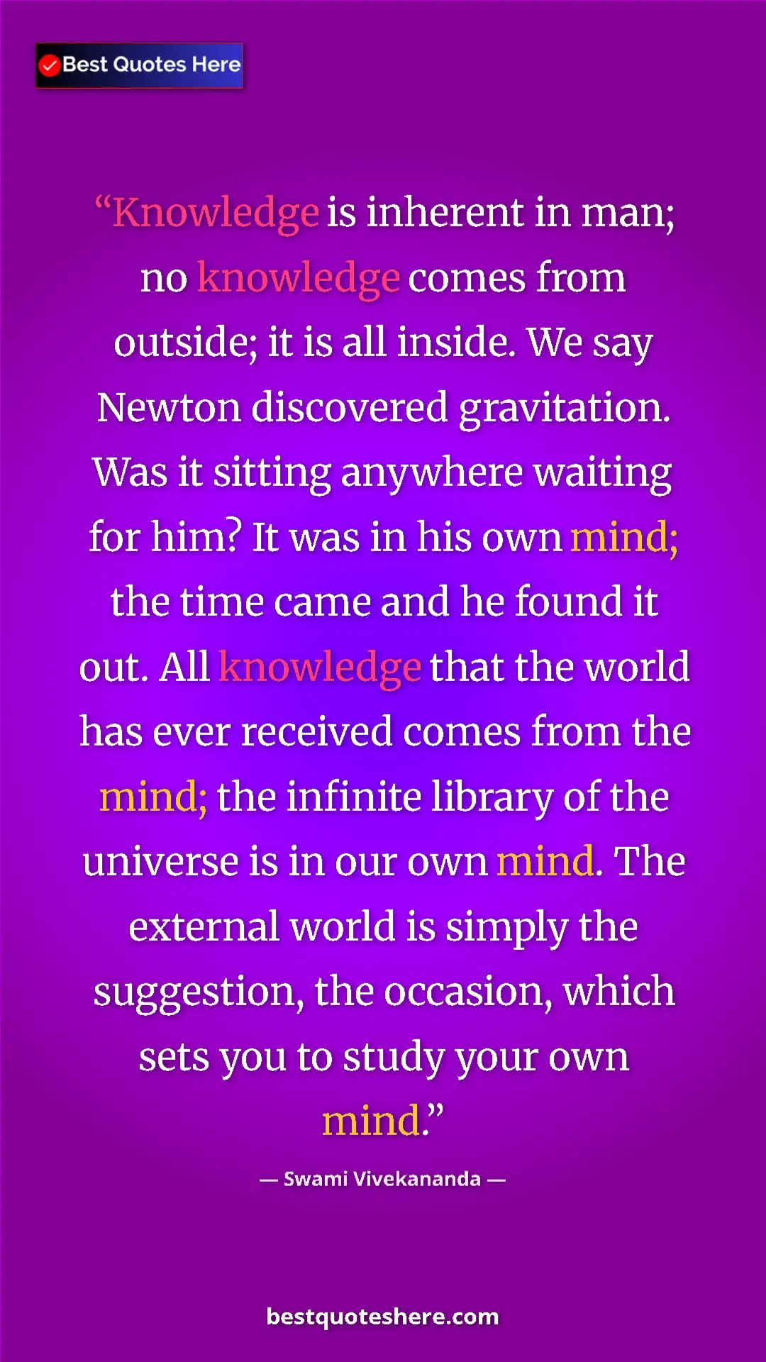 Swami Vivekananda Quote Card: "Knowledge is inherent in man; no knowledge comes from..." Pinterest quote poster by Swami Vivekananda: "Knowledge is inherent in man; no knowledge comes from..."