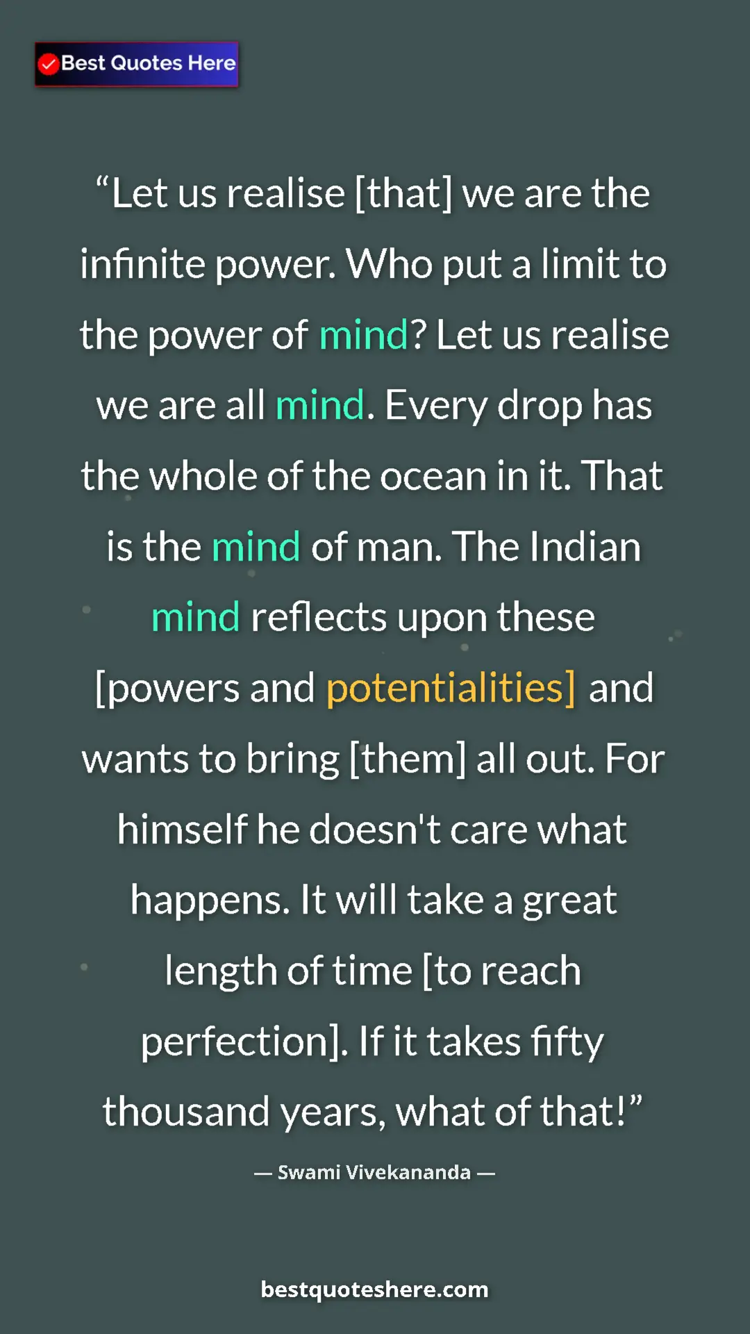 Pinterest quote poster by Swami Vivekananda: "Let us realise [that] we are the infinite power. Who put a..."