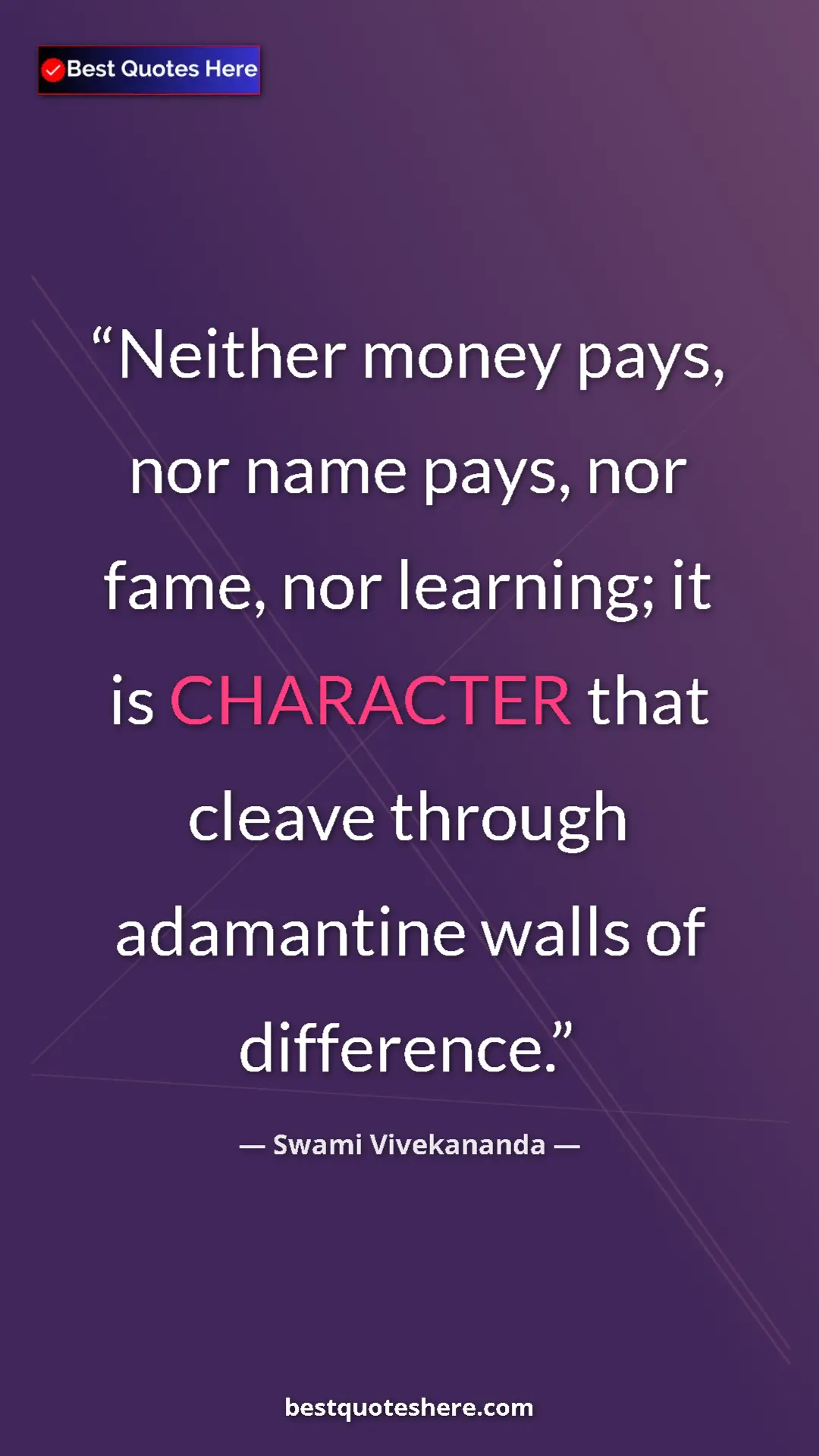 Pinterest quote poster by Swami Vivekananda: "Neither money pays, nor name pays, nor fame, nor learning;..."