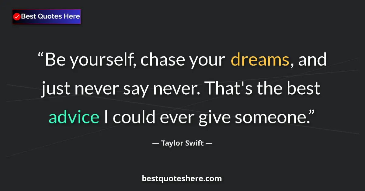 Image for the quote by Taylor Swift: Be yourself, chase your dreams, and just never say never. That's the best advice I could ever give s...