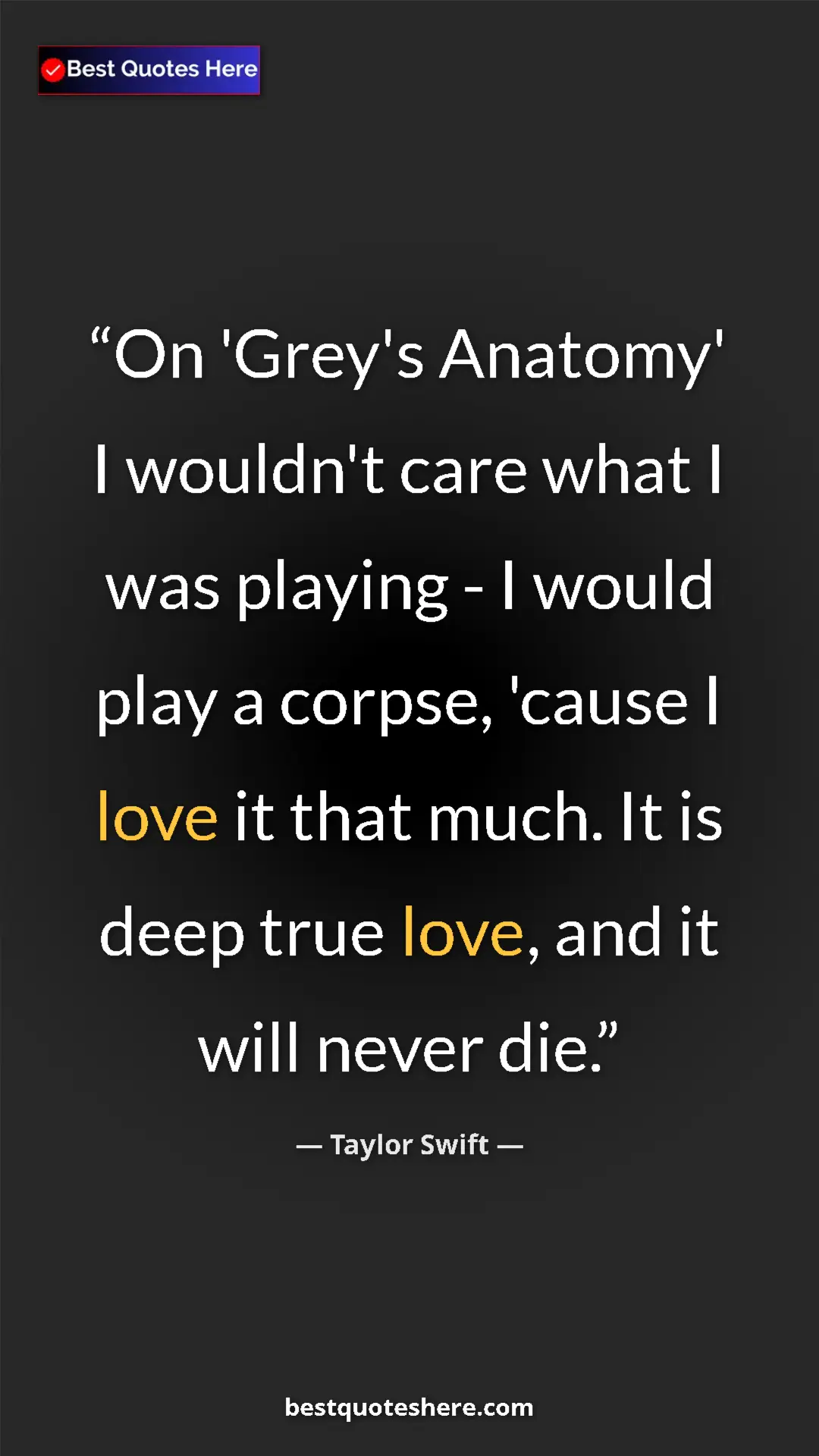 Pinterest quote poster by Taylor Swift: "On 'Grey's Anatomy' I wouldn't care what I was playing - I..."
