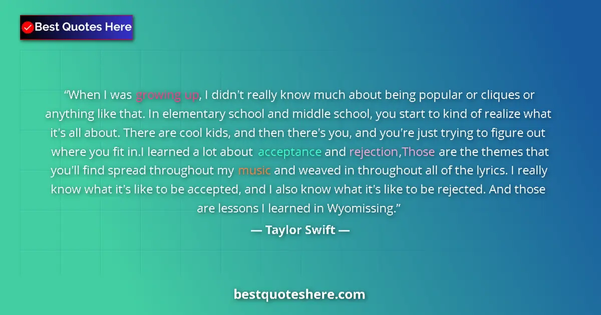 Quote by Taylor Swift: When I was growing up, I didn't really know much about being popular or cliques or anything like tha...