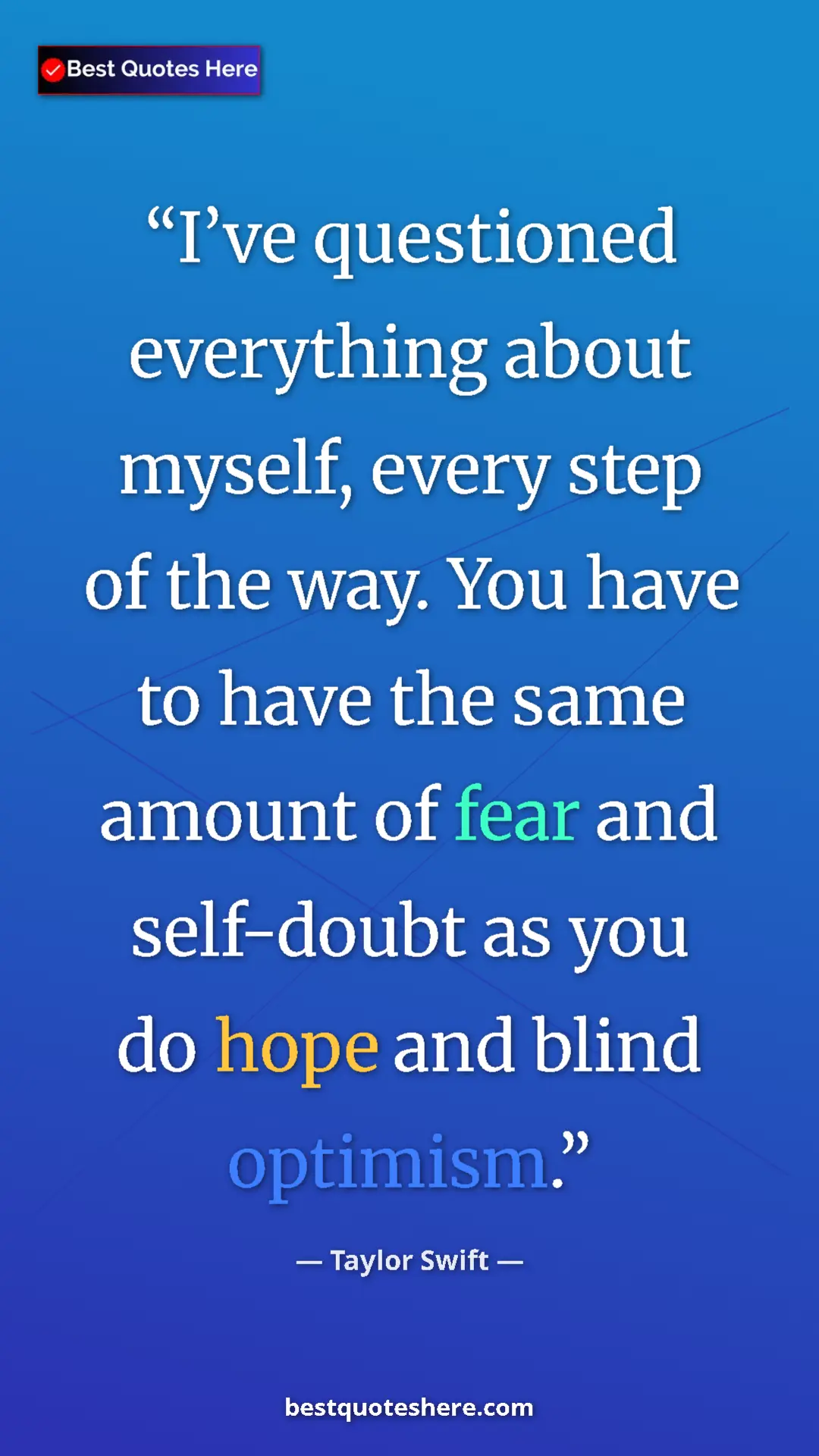 Pinterest quote poster by Taylor Swift: "I’ve questioned everything about myself, every step of the..."