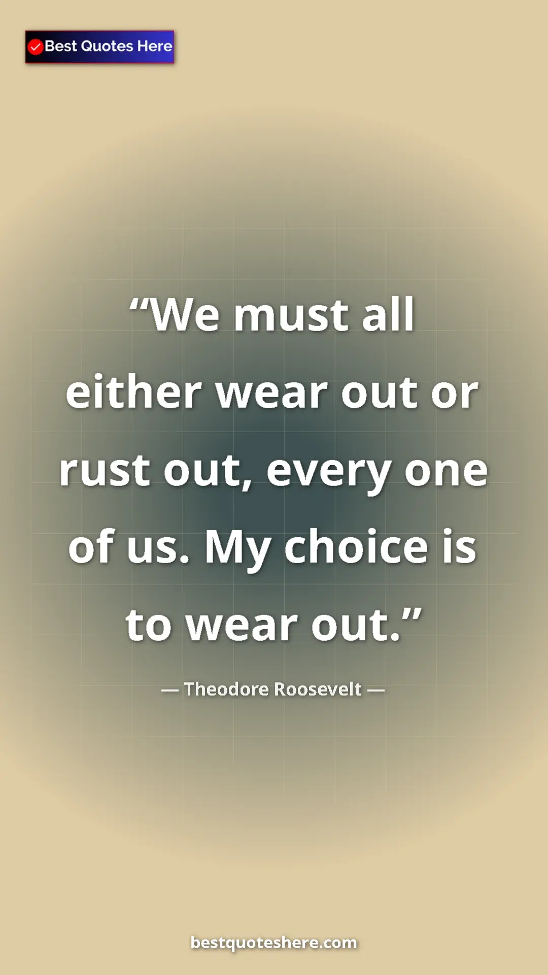 Theodore Roosevelt Quote Card: "We must all either wear out or rust out, every one of us...." Pinterest quote poster by Theodore Roosevelt: "We must all either wear out or rust out, every one of us...."