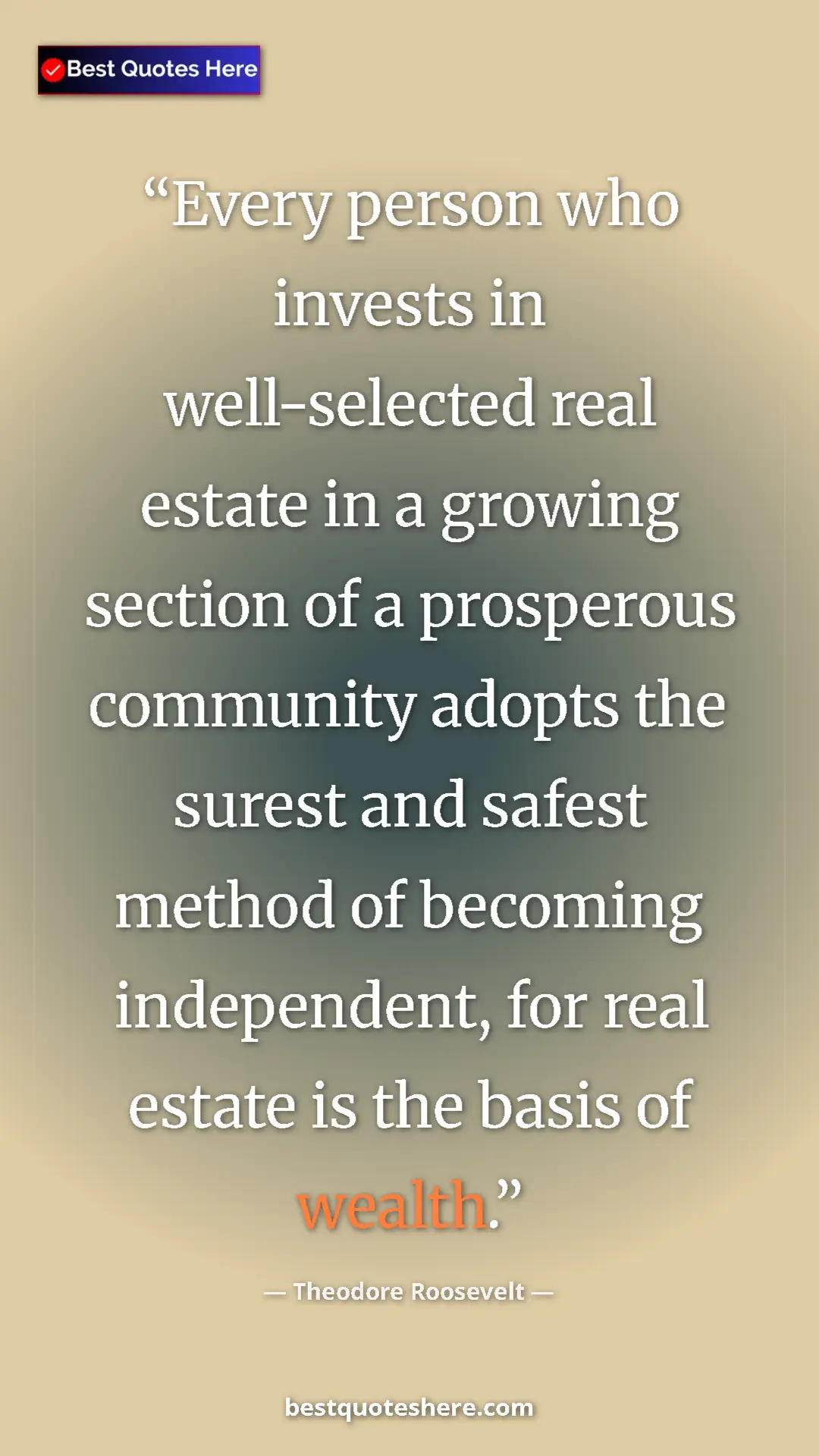 Pinterest quote poster by Theodore Roosevelt: "Every person who invests in well-selected real estate in a g"
