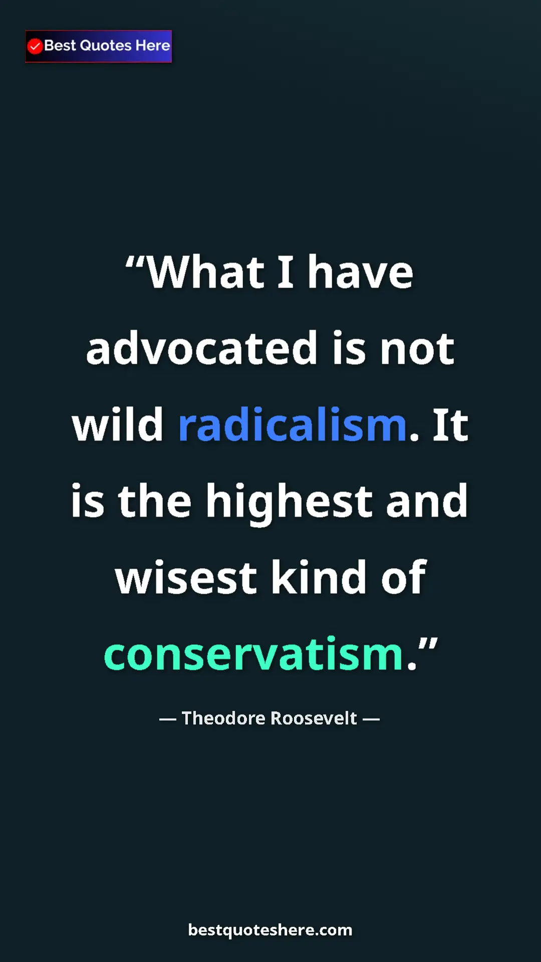 Theodore Roosevelt Quote Card: "What I have advocated is not wild radicalism. It is the..." Pinterest quote poster by Theodore Roosevelt: "What I have advocated is not wild radicalism. It is the..."