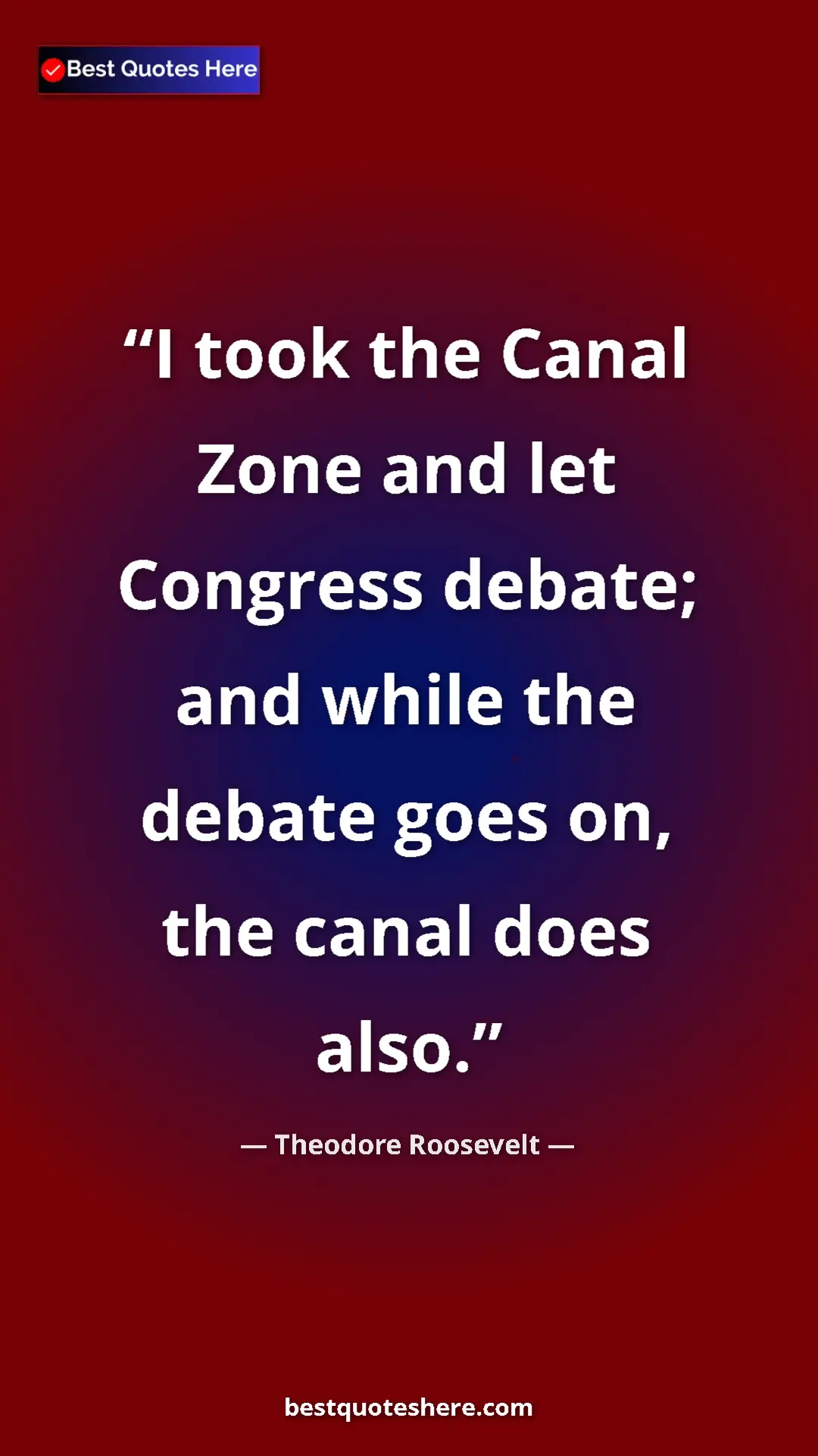 Pinterest quote poster by Theodore Roosevelt: "I took the Canal Zone and let Congress debate; and while..."