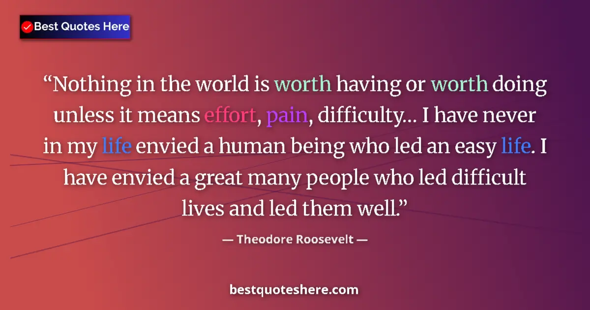 Quote by Theodore Roosevelt: Nothing in the world is worth having or worth doing unless it means effort, pain, difficulty… I have...