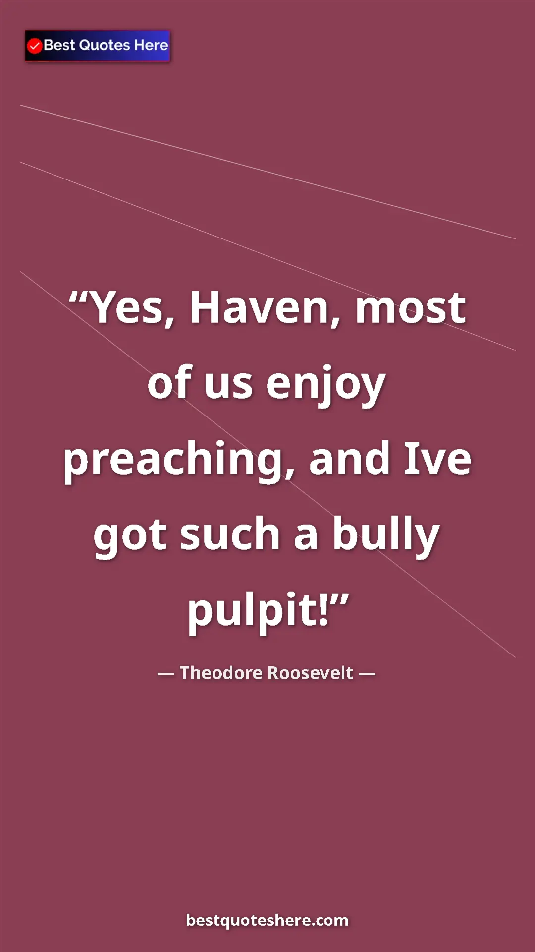 Pinterest quote poster by Theodore Roosevelt: "Yes, Haven, most of us enjoy preaching, and Ive got such a..."